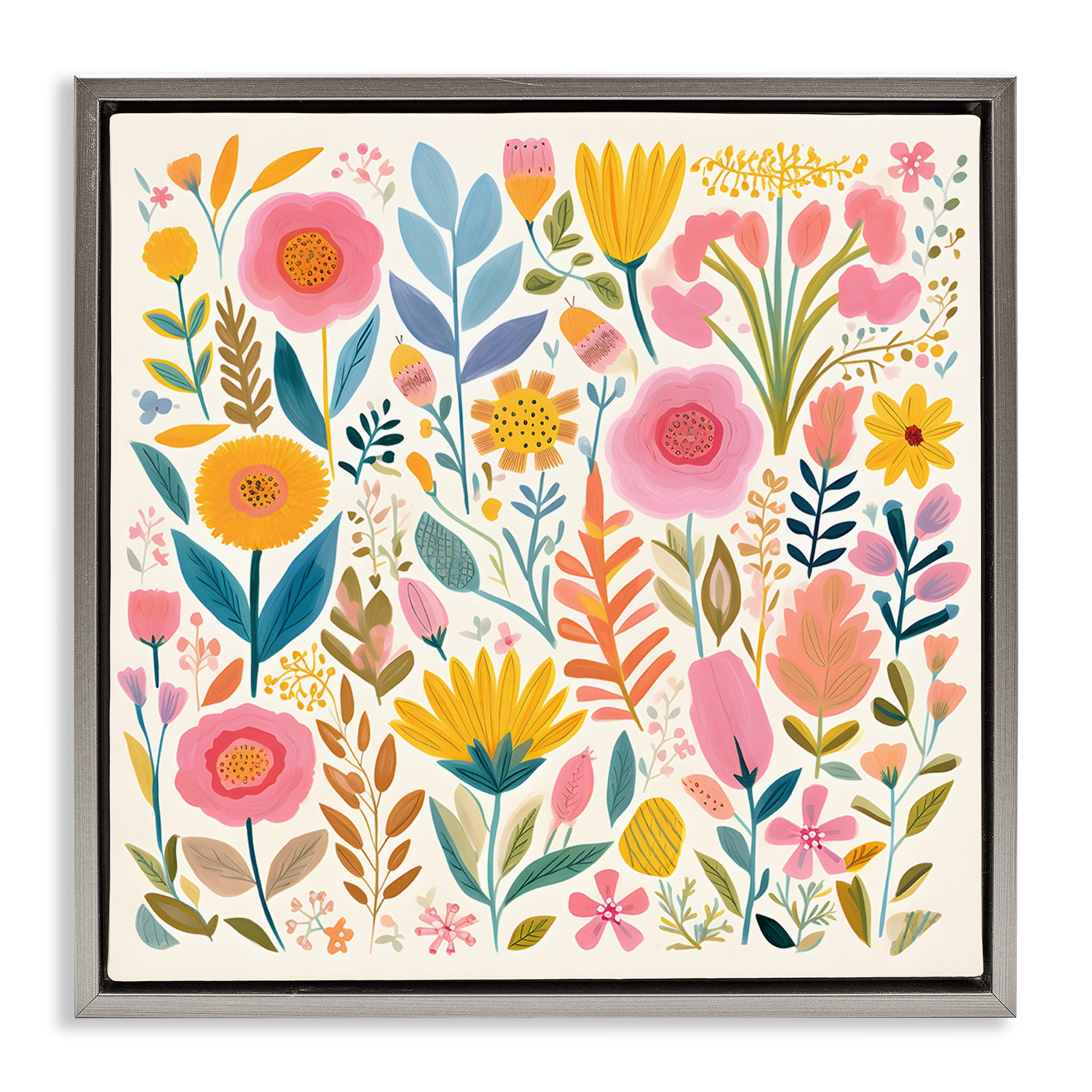 Stupell Industries Cottage Florals Pattern Plants & Flowers Painting Gray Floater Framed Canvas Art Print Wall Art, 25 x 25