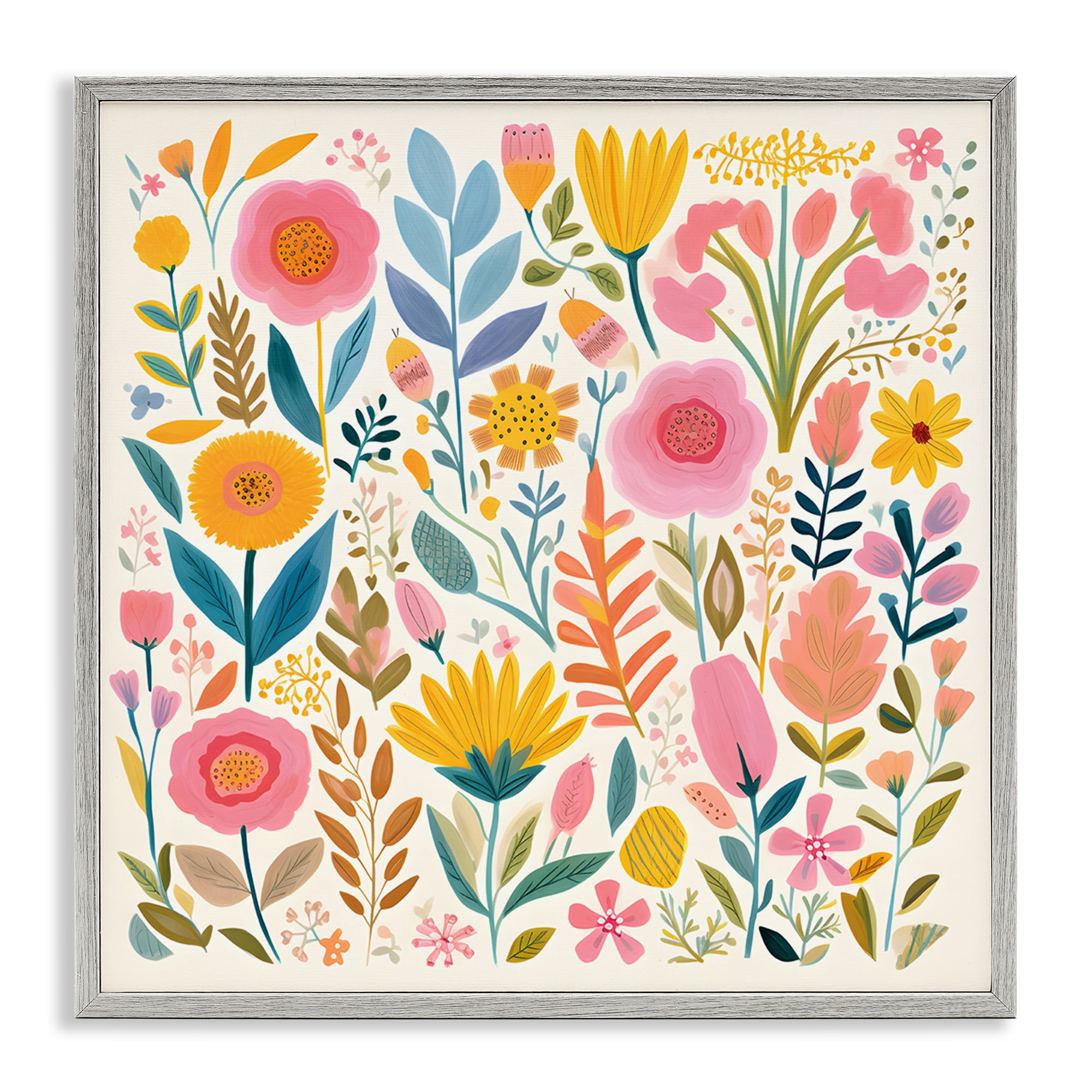 Stupell Industries Cottage Florals Pattern Plants & Flowers Painting Gray Framed Art Print Wall Art, 24 x 24