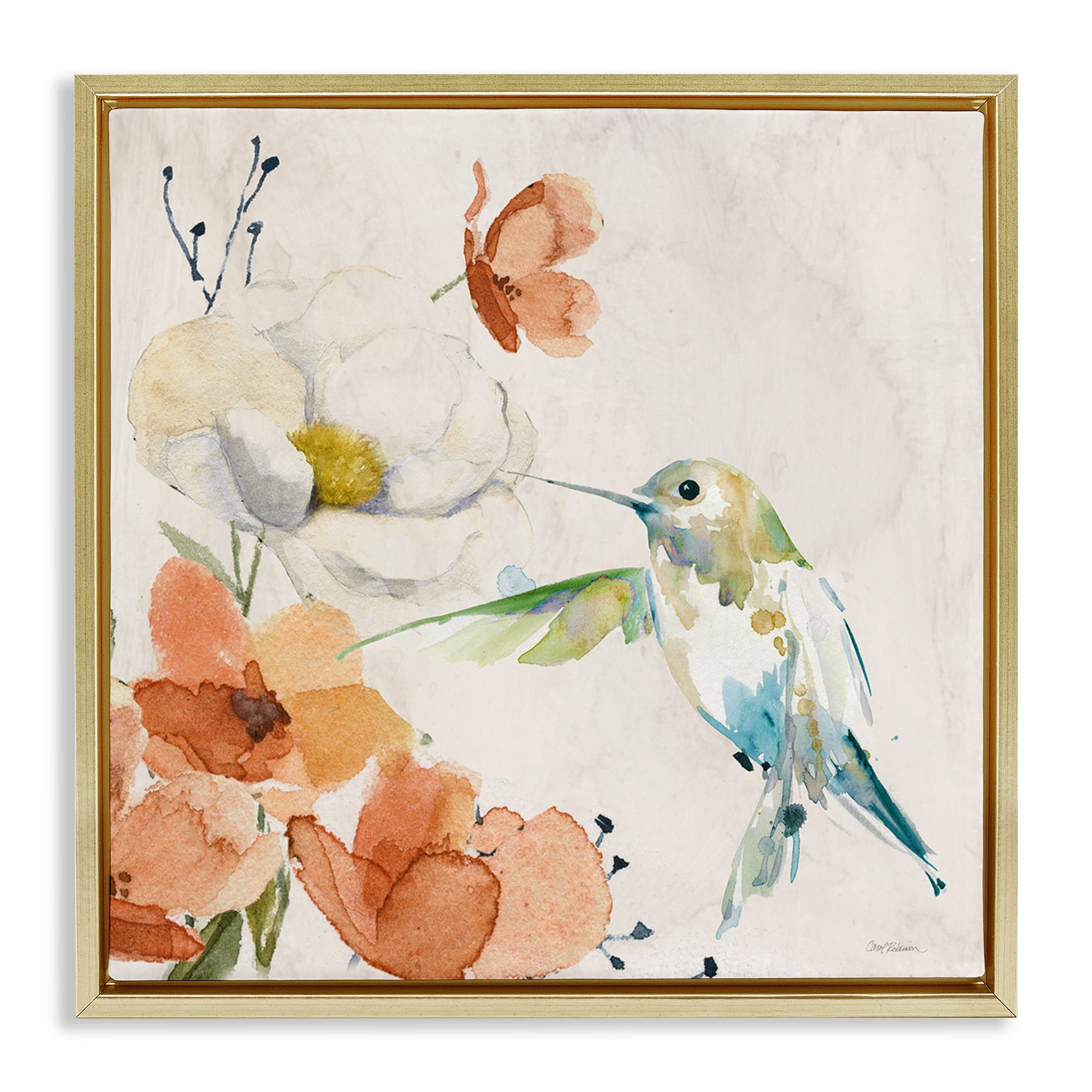 Stupell Industries Cottage Flowers & Bird Plants & Flowers Painting Gold Floater Framed Canvas Art Print Wall Art, 25 x 25