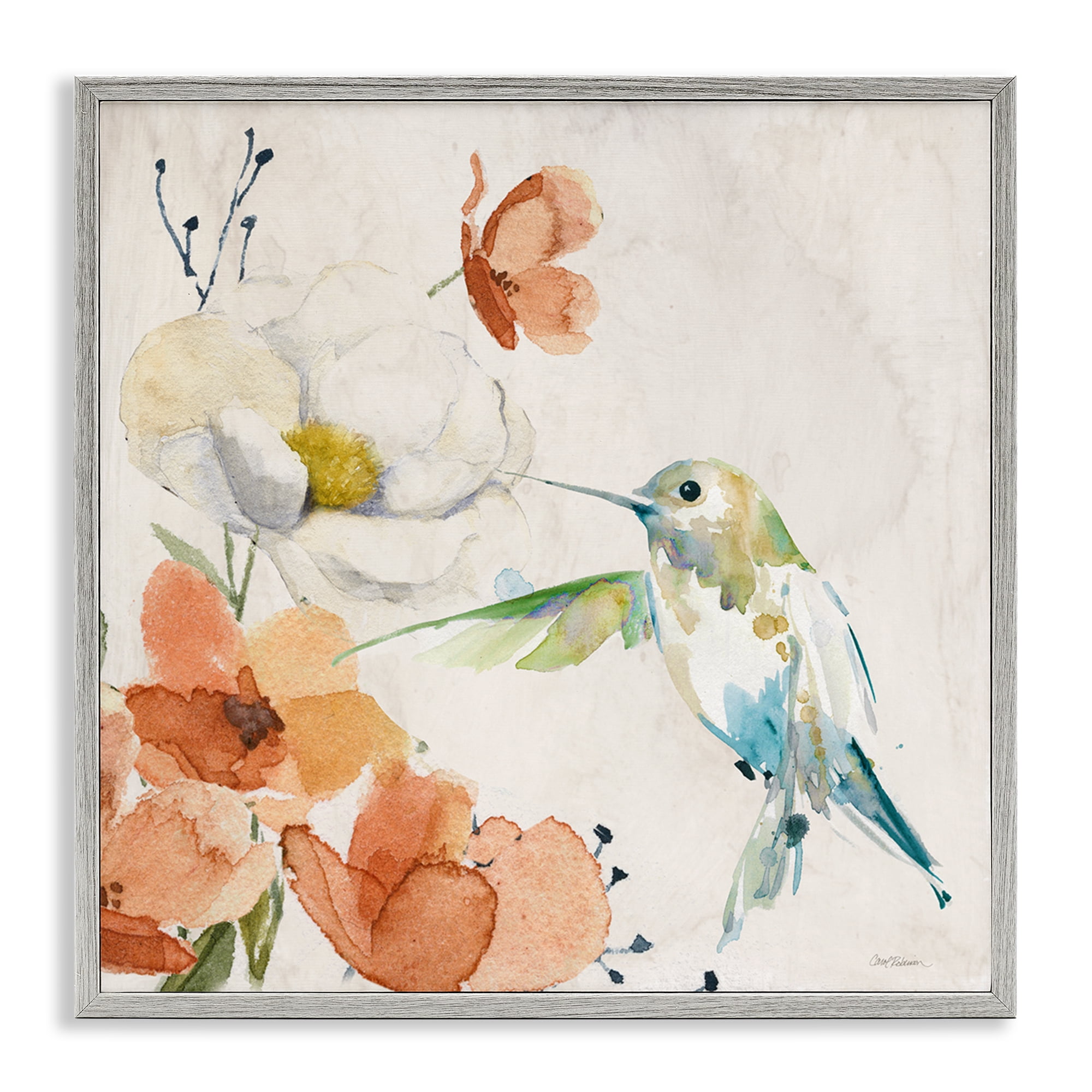 Stupell Industries Cottage Flowers & Bird Plants & Flowers Painting Gray Framed Art Print Wall Art, 12 x 12