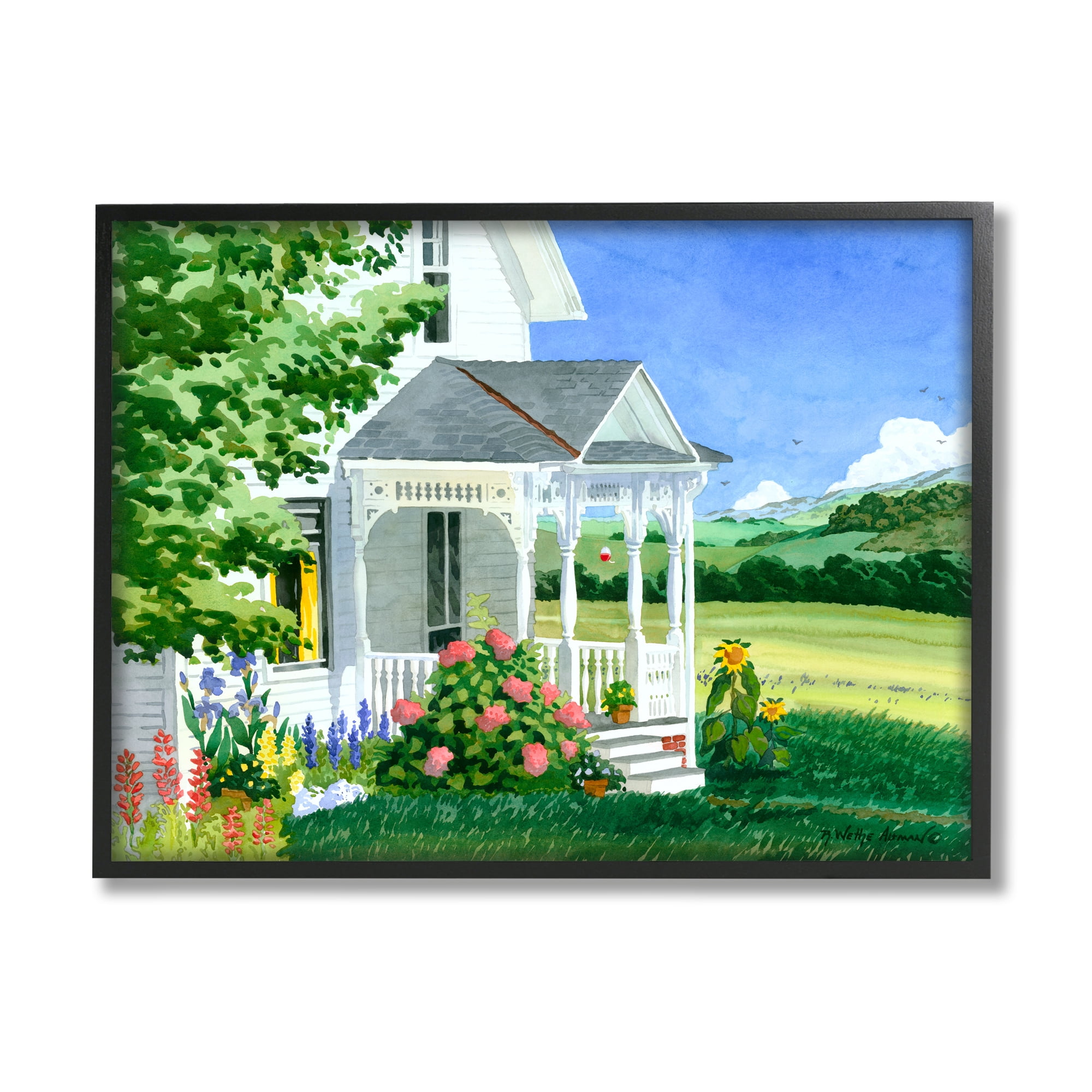 Stupell Industries Cottage Garden Painting Nature Painting Black Framed Art Print Wall Art, 20 x 16
