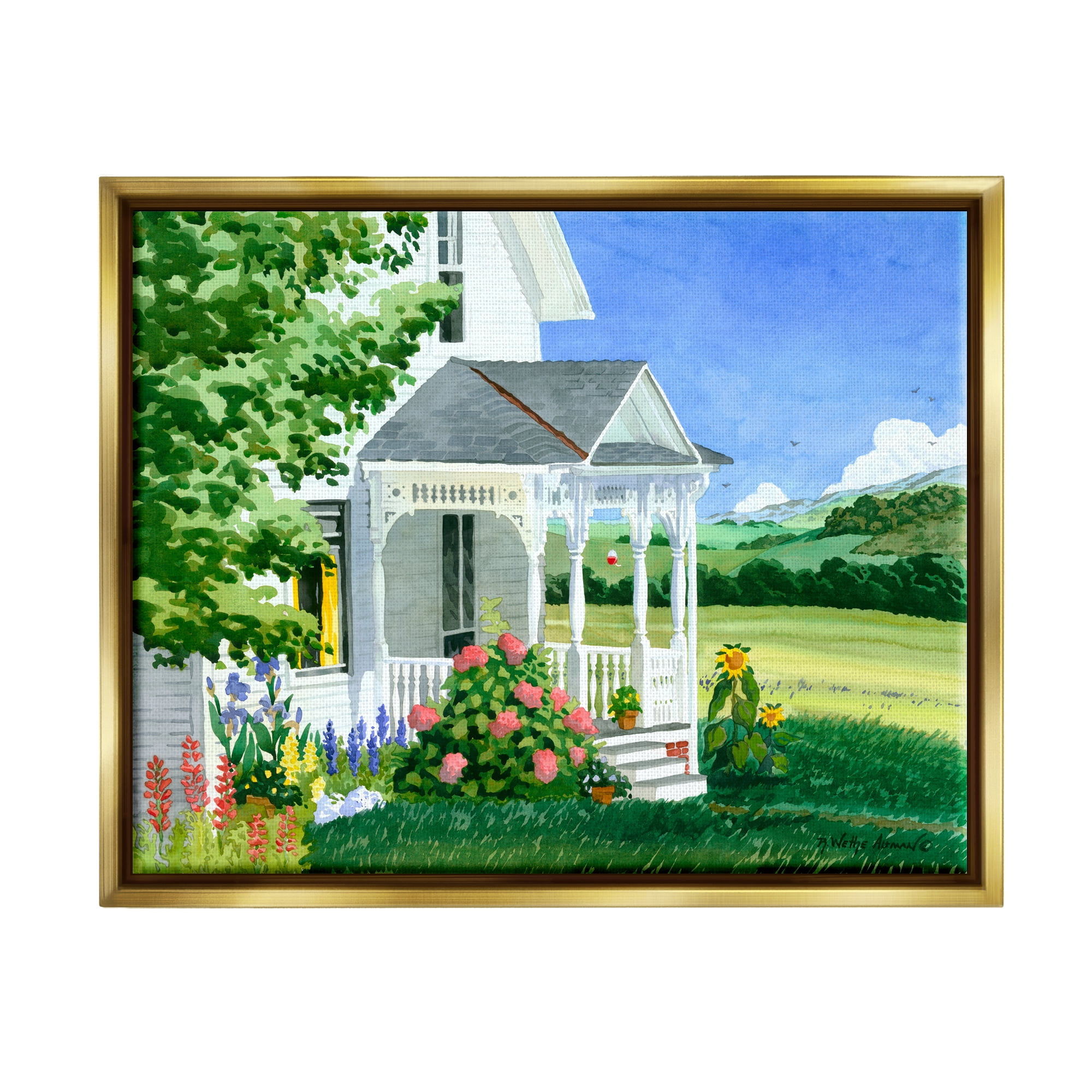 Stupell Industries Cottage Garden Painting Nature Painting Gold Floater Framed Art Print Wall Art, 21 x 17