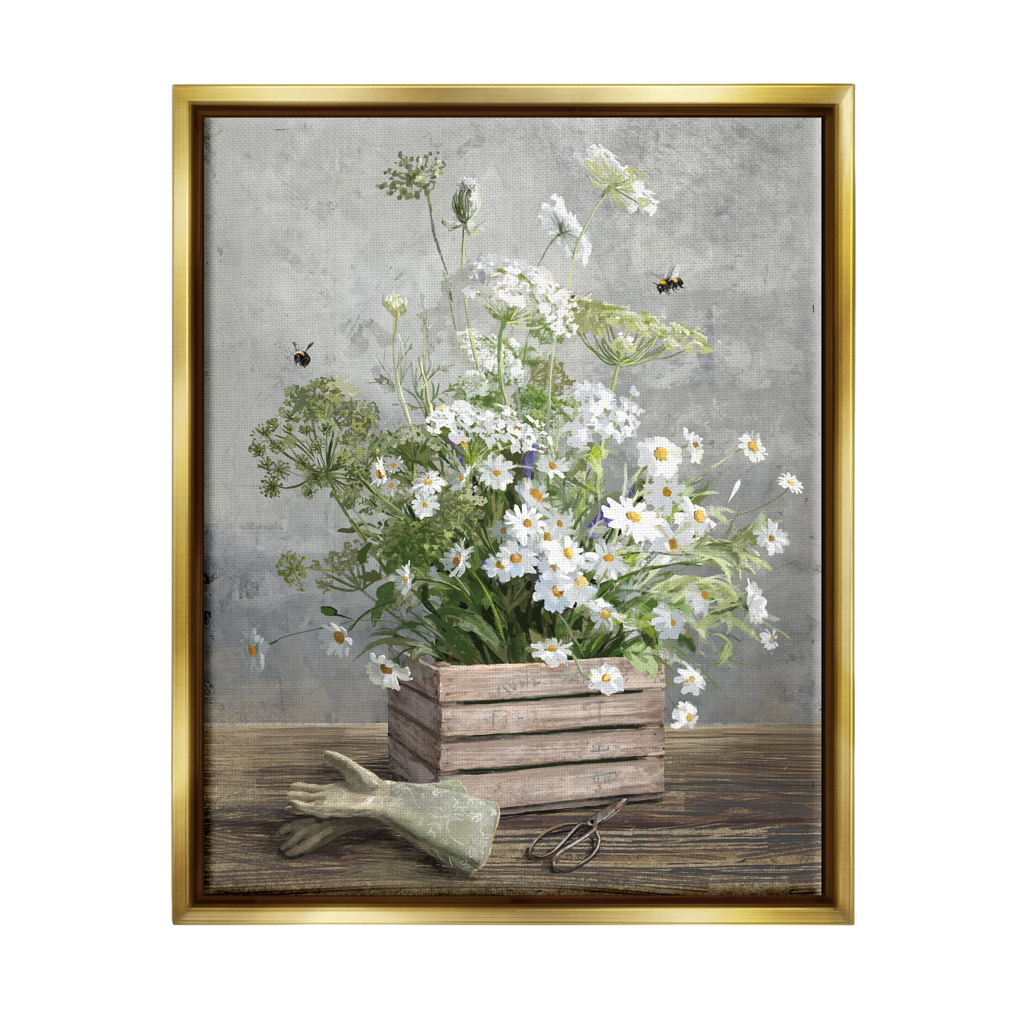 Stupell Industries Cottage Gardening Bouquet Botanical & Floral Painting Gold Floater Framed Art Print Wall Art, 17 x 21