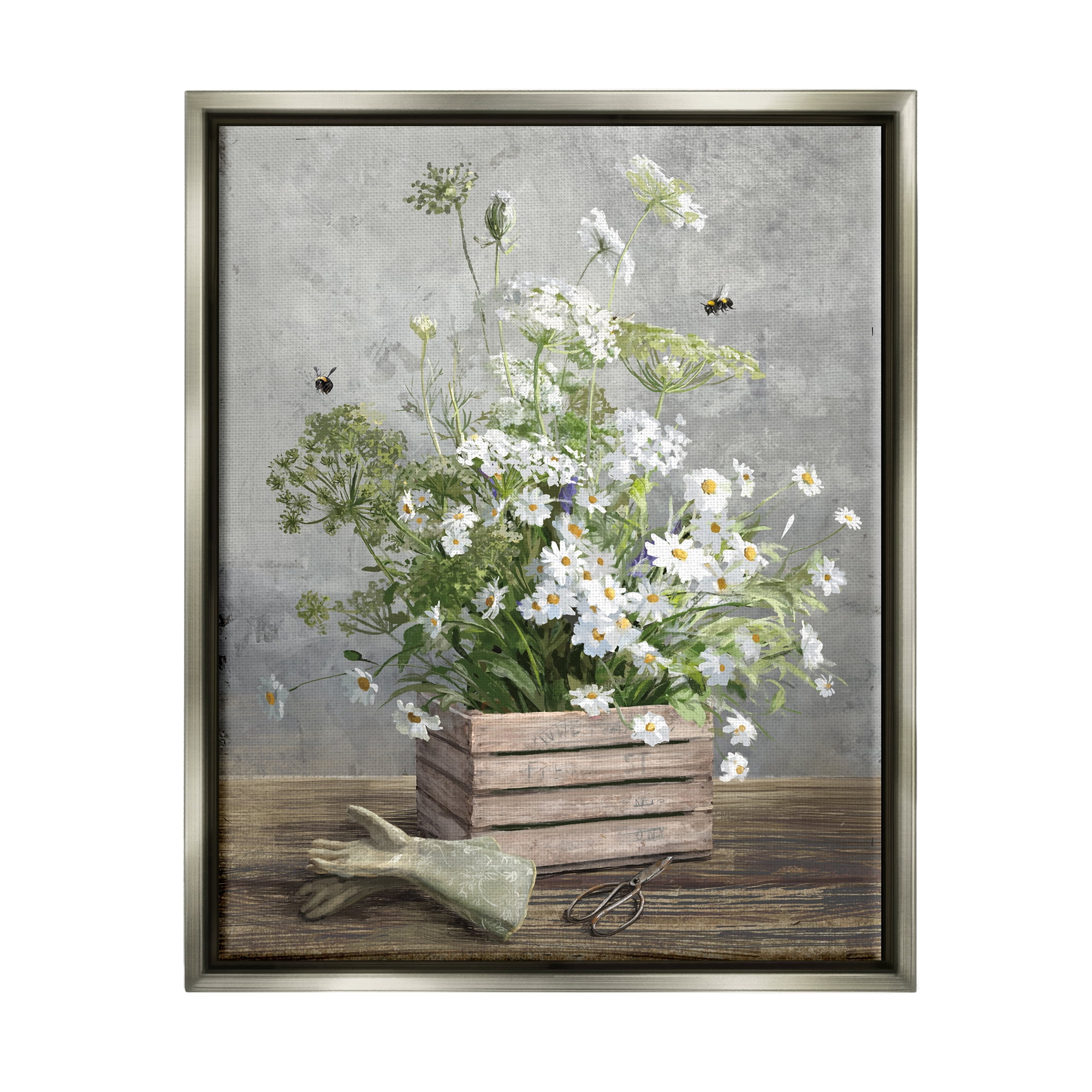 Stupell Industries Cottage Gardening Bouquet Botanical & Floral Painting Gray Floater Framed Art Print Wall Art, 17 x 21
