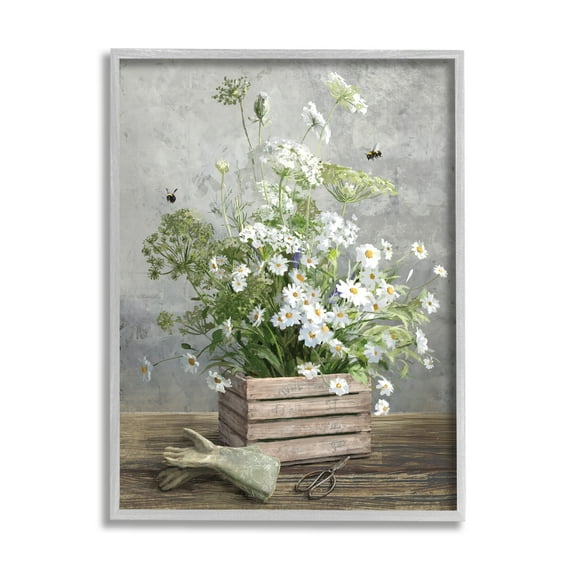 Stupell Industries Cottage Gardening Bouquet Botanical & Floral Painting Gray Framed Art Print Wall Art, 16 x 20
