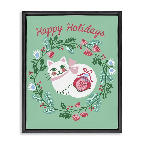 Stupell Industries Cottage Happy Holidays Cat & Wreath Black Floating Frame Canvas Art, 25 x 31, by Riley Hutchens