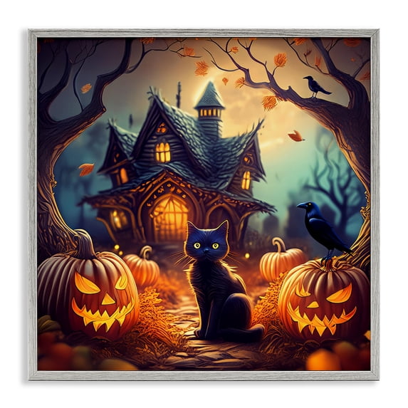Stupell Industries Cottage Haunted House & Black Cat Gray Framed Giclee Art, 17 x 17, by Alina Georgescu