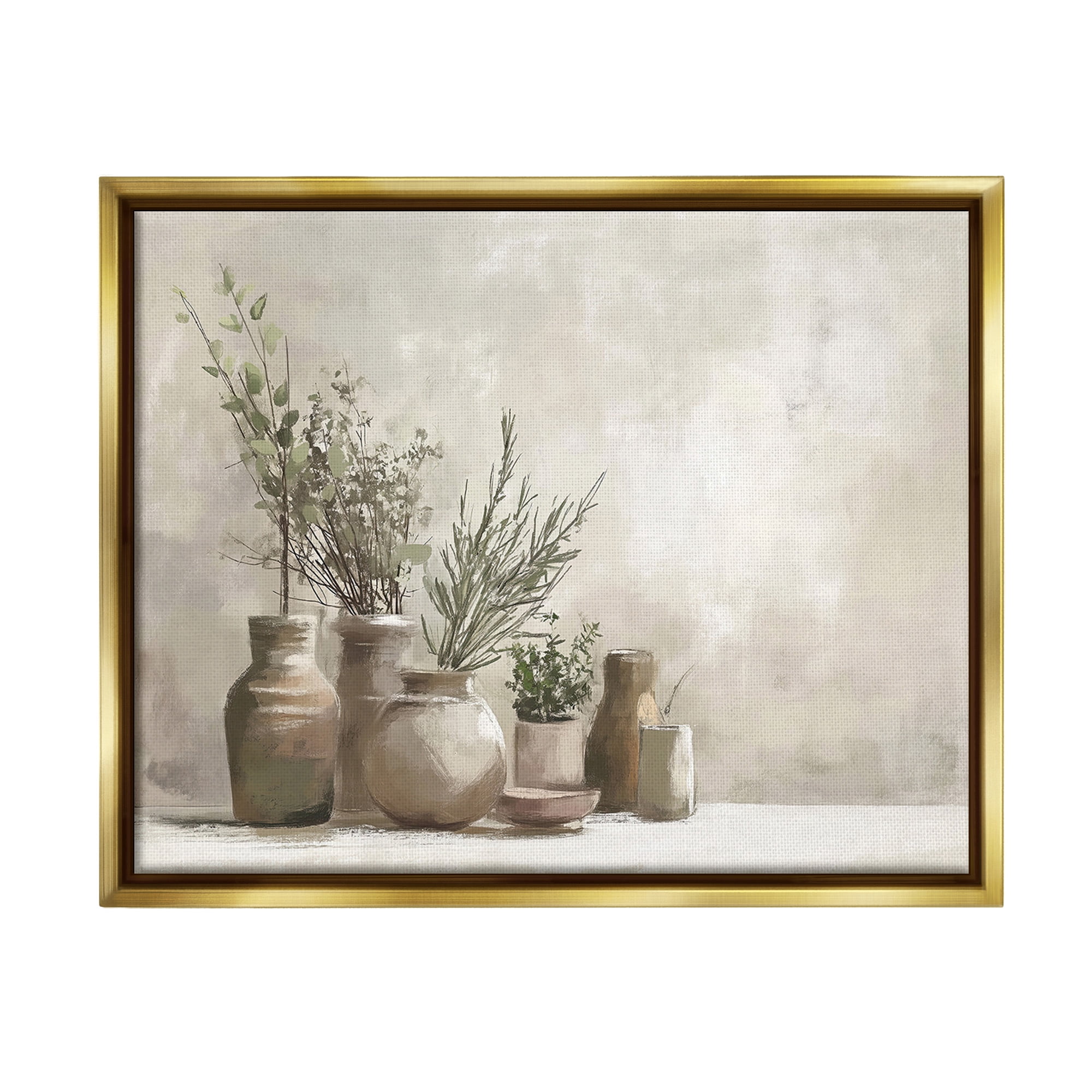 Stupell Industries Cottage Herbs in Pottery Botanical & Floral Painting Gold Floater Framed Canvas Art Print Wall Art, 21 x 17