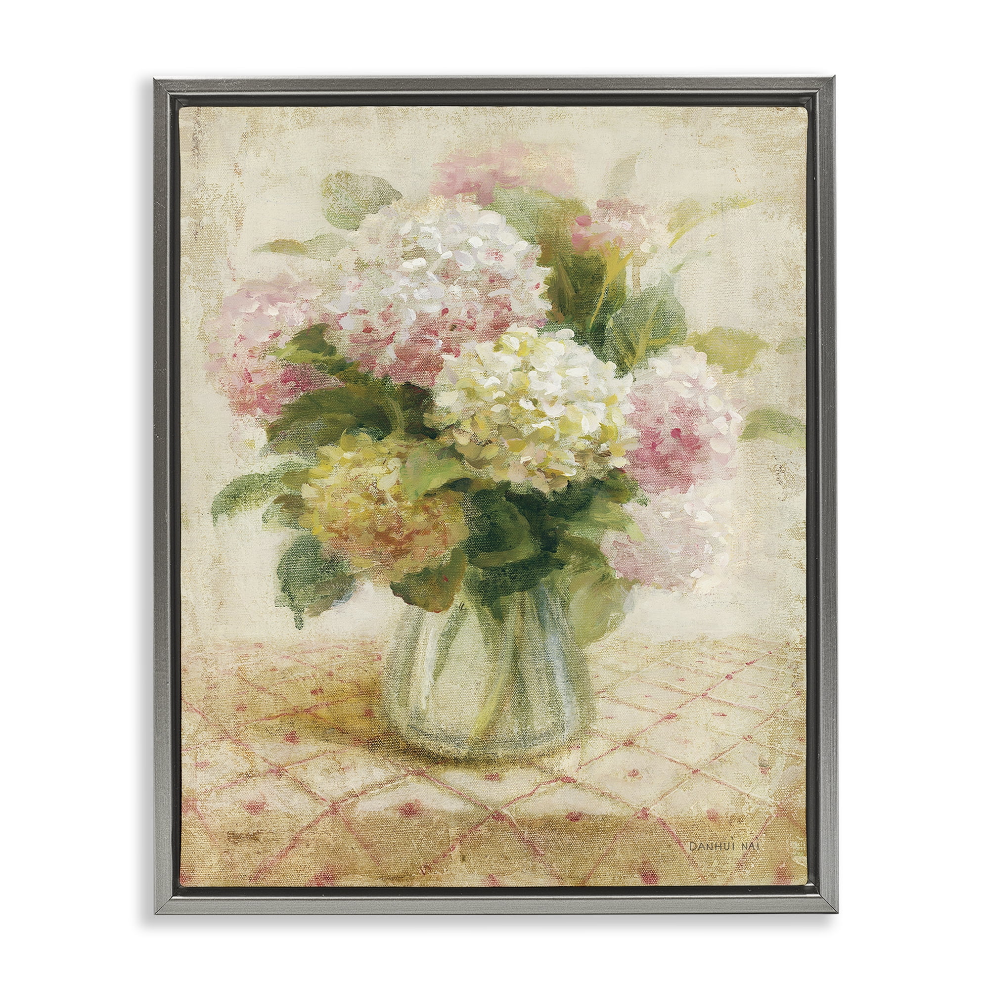 Stupell Industries Cottage Hydrangeas in Pink Plants & Flowers Painting Gray Floater Framed Canvas Art Print Wall Art, 25 x 31