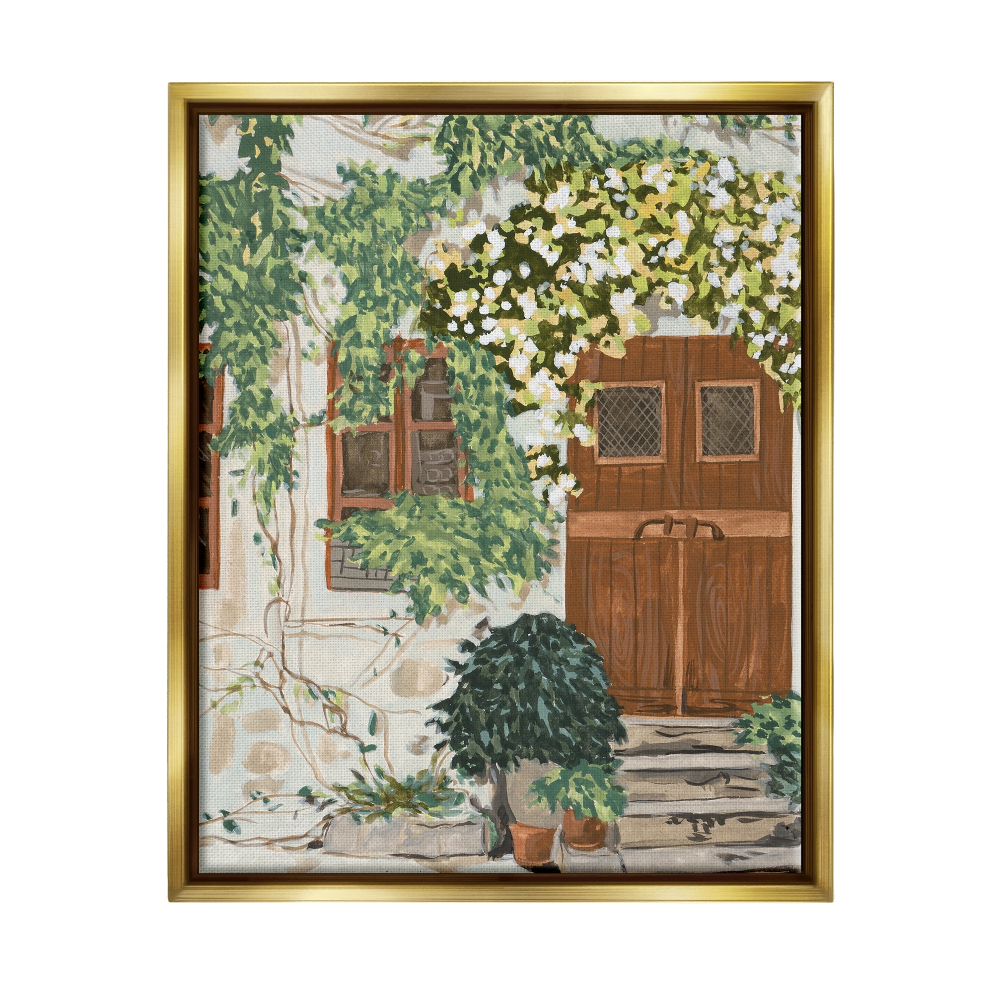 Stupell Industries Cottage Ivy & Plants Travel & Places Painting Gold Floater Framed Canvas Art Print Wall Art, 17 x 21