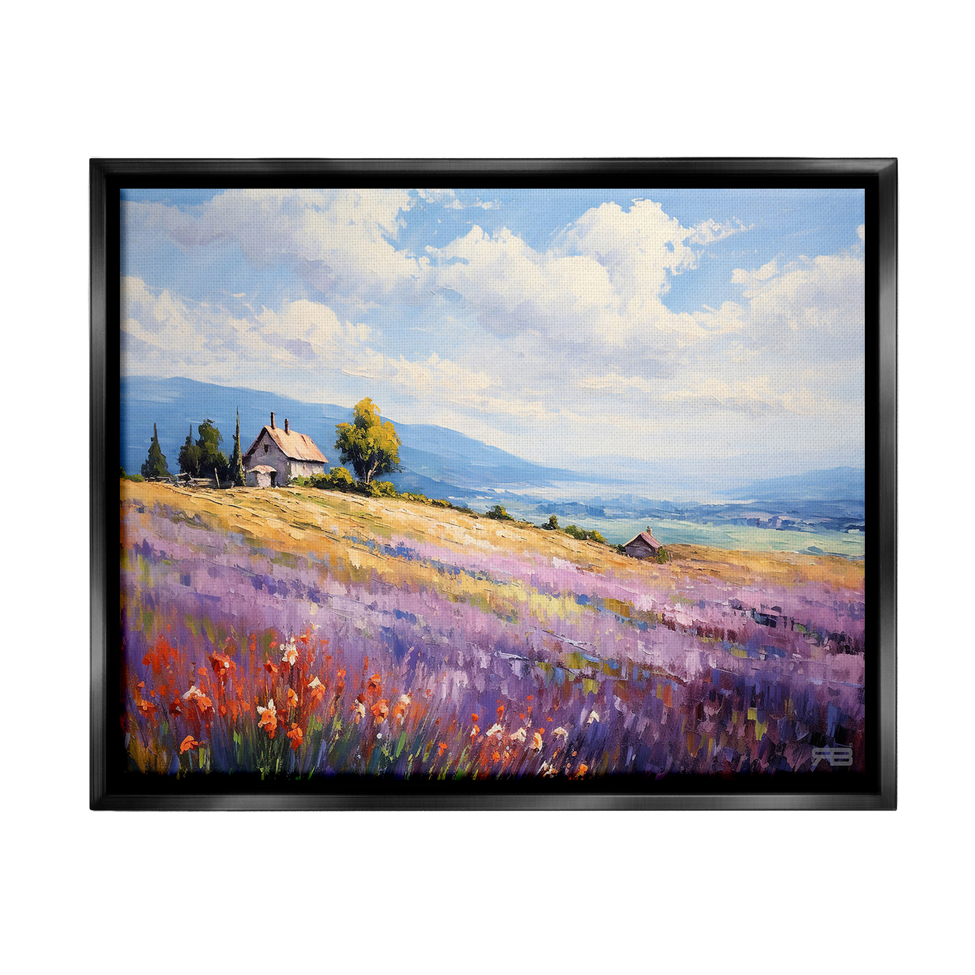 Stupell Industries Cottage Meadow View Landscape Painting Black Floater Framed Canvas Art Print Wall Art, 21 x 17