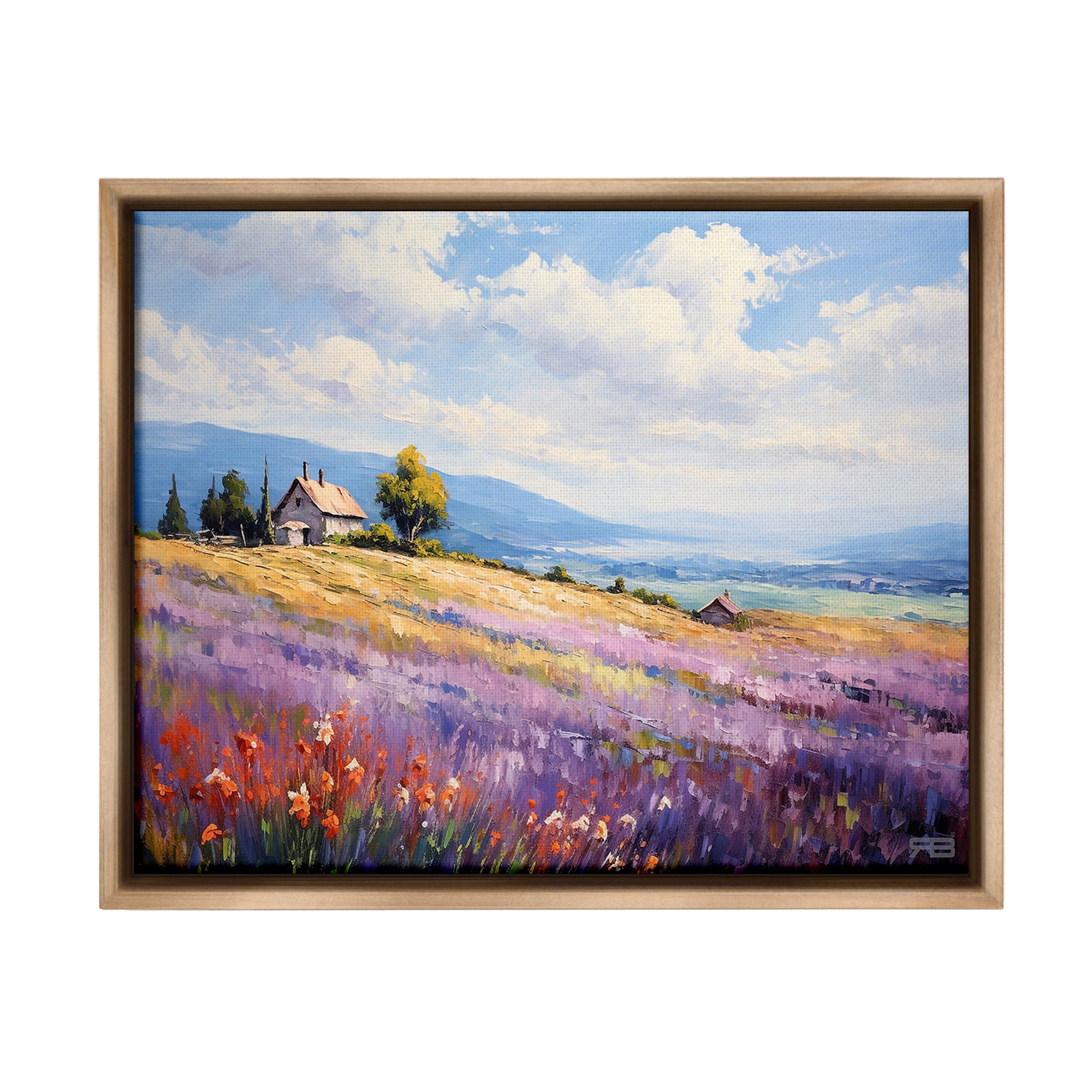 Stupell Industries Cottage Meadow View Landscape Painting Brown Floater Framed Canvas Art Print Wall Art, 21 x 17