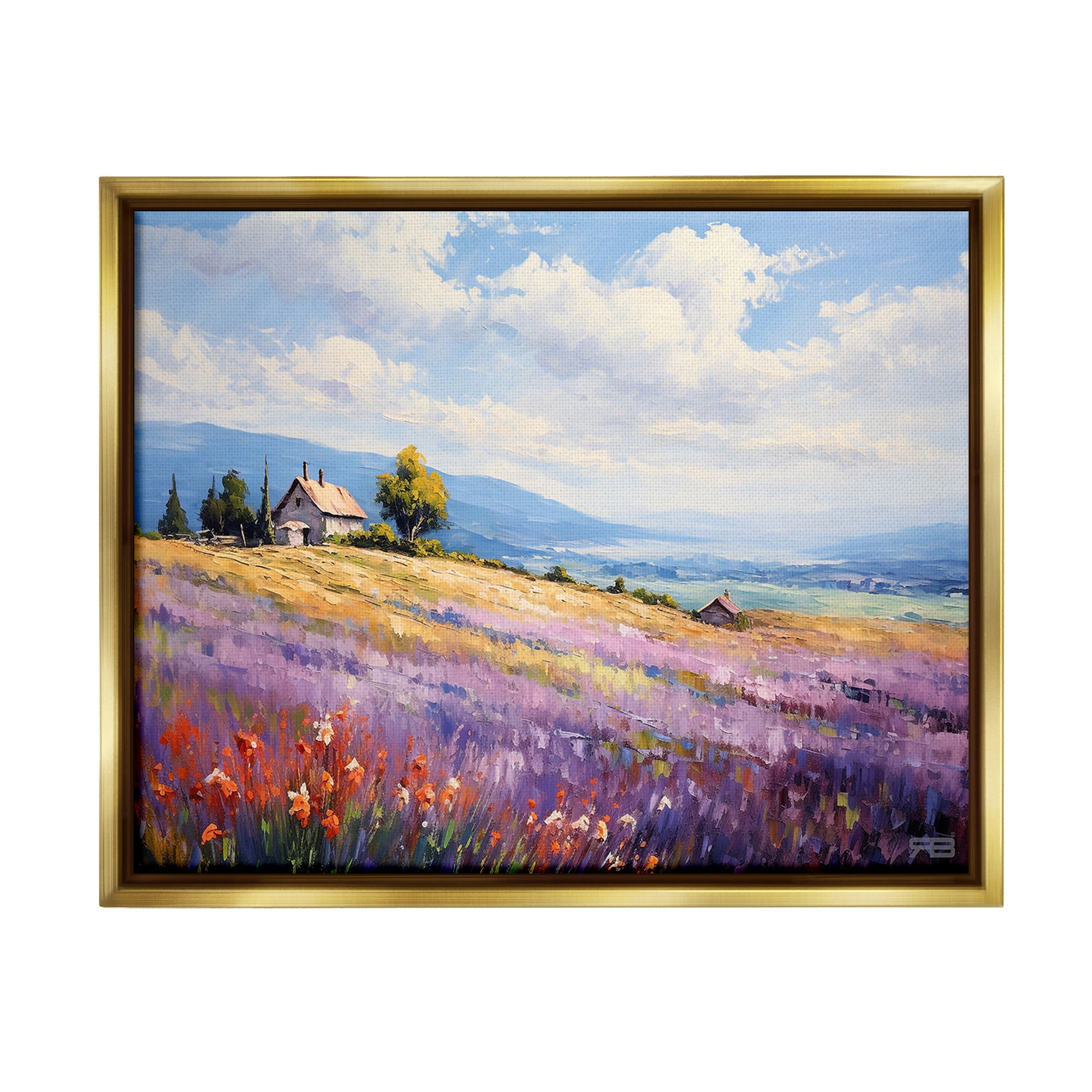 Stupell Industries Cottage Meadow View Landscape Painting Gold Floater Framed Canvas Art Print Wall Art, 21 x 17