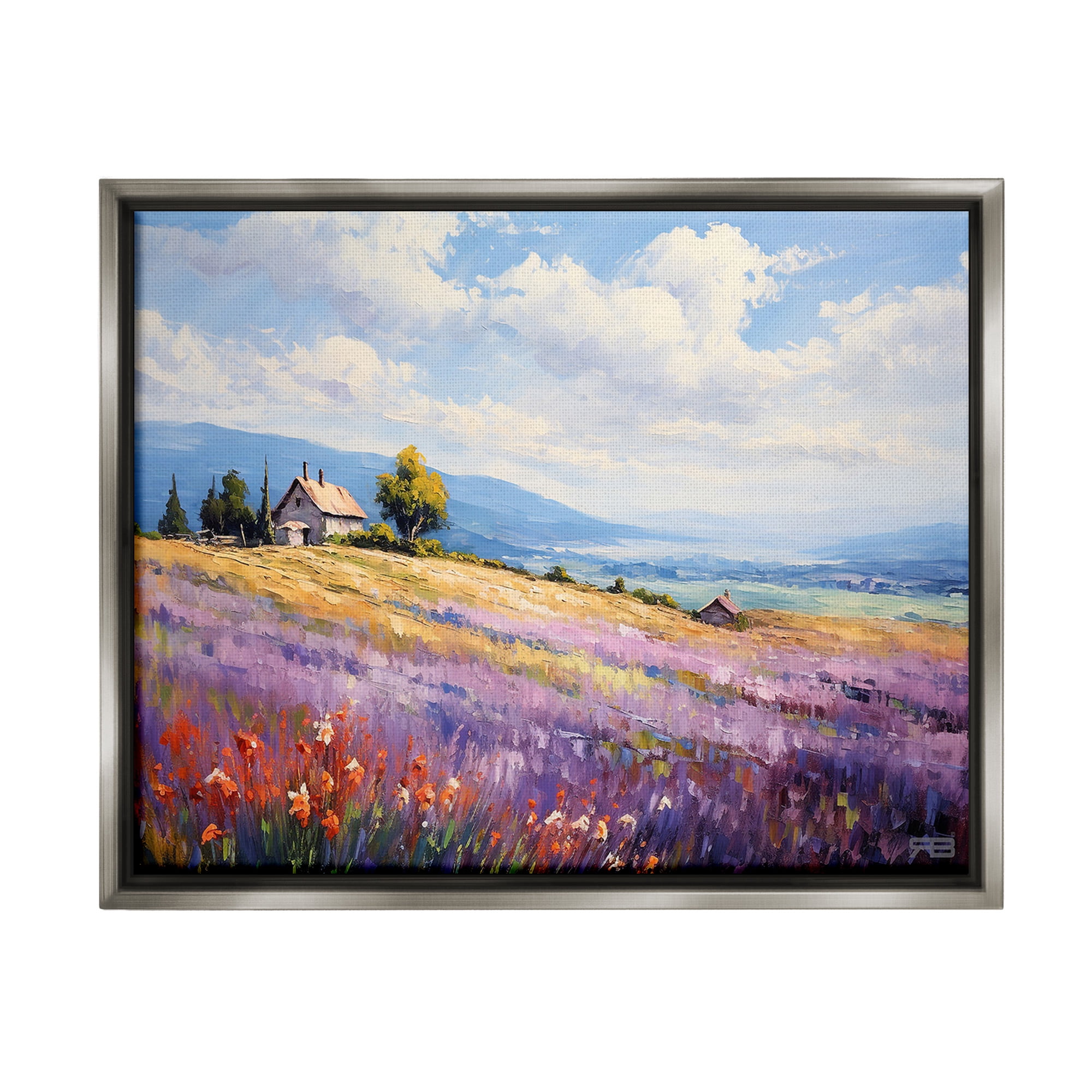 Stupell Industries Cottage Meadow View Landscape Painting Gray Floater Framed Canvas Art Print Wall Art, 21 x 17