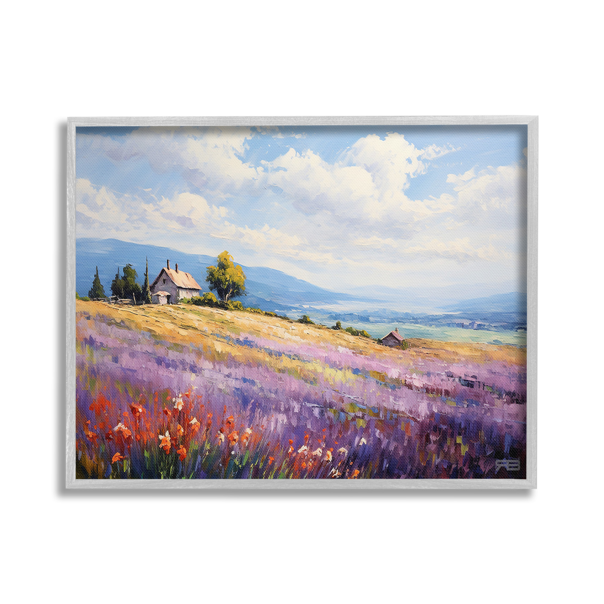 Stupell Industries Cottage Meadow View Landscape Painting Gray Framed Art Print Wall Art, 20 x 16