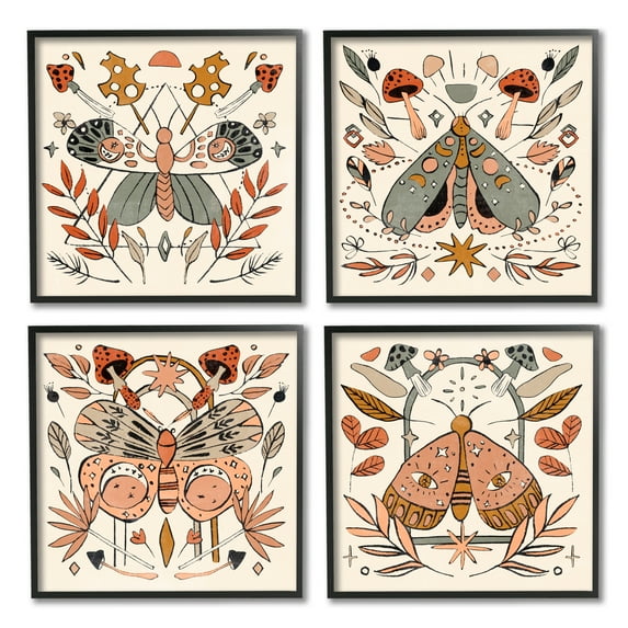 Stupell Industries Cottage Moths & Mushrooms Animals & Insects Painting Black Framed Art Print Wall Art, 12 x 12, Set of 4
