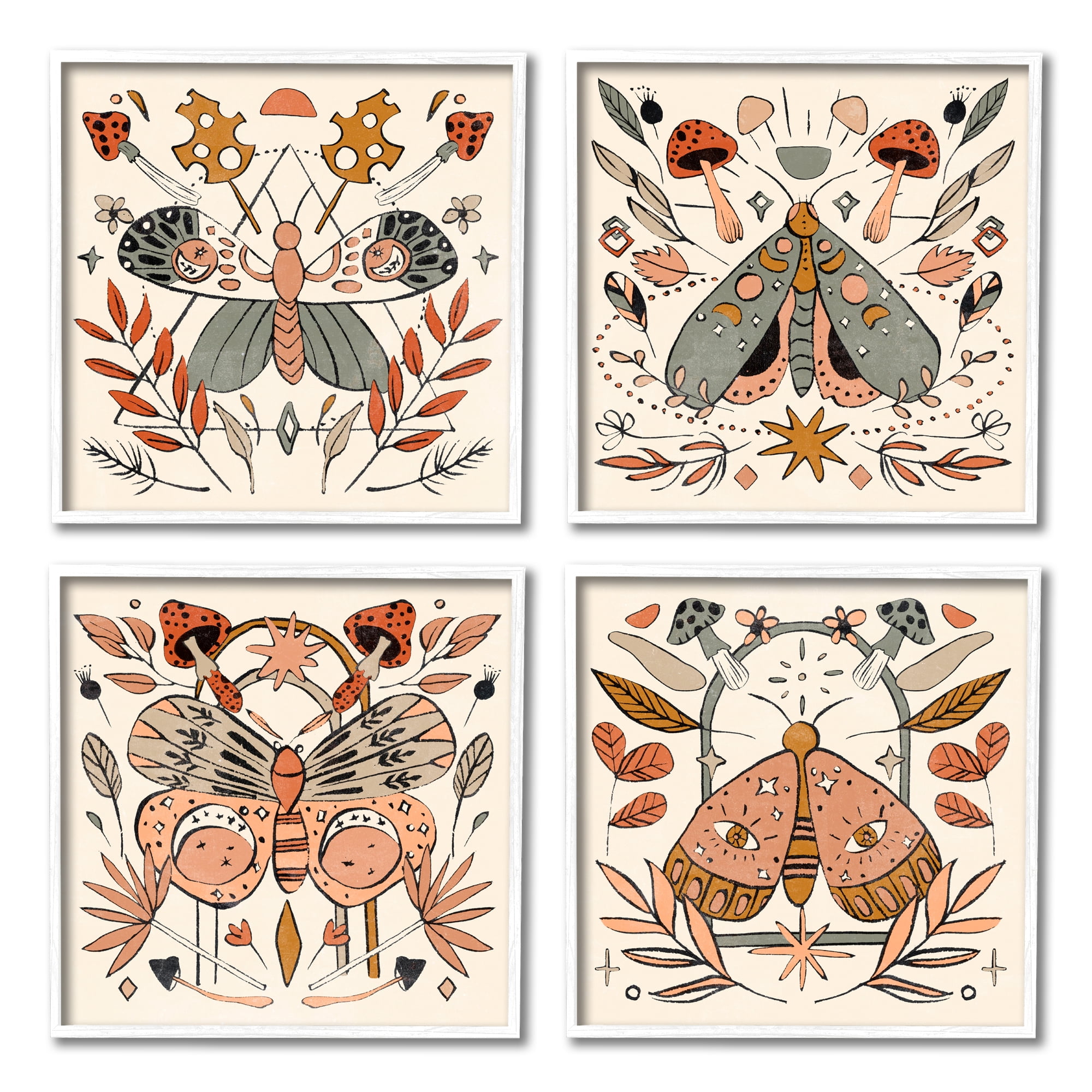 Stupell Industries Cottage Moths & Mushrooms Animals & Insects Painting White Framed Art Print Wall Art, 12 x 12, Set of 4