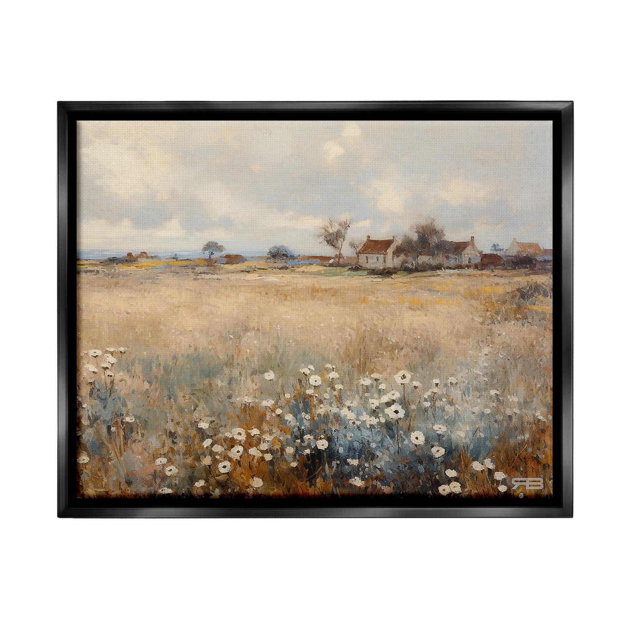 Stupell Industries Cottage & Natural Meadow Landscape Painting Black Floater Framed Canvas Art Print Wall Art, 31 x 25