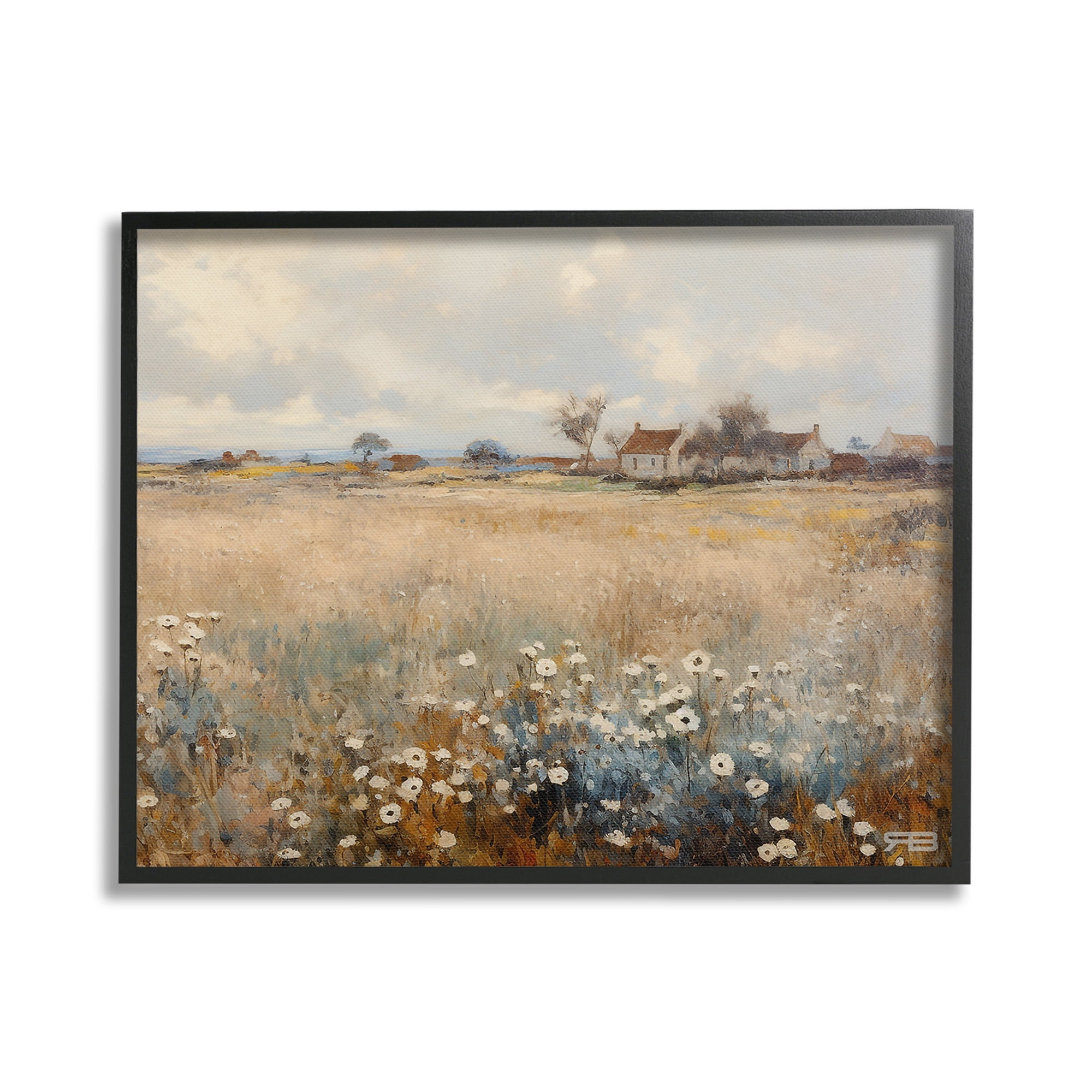 Stupell Industries Cottage & Natural Meadow Landscape Painting Black Framed Art Print Wall Art, 20 x 16