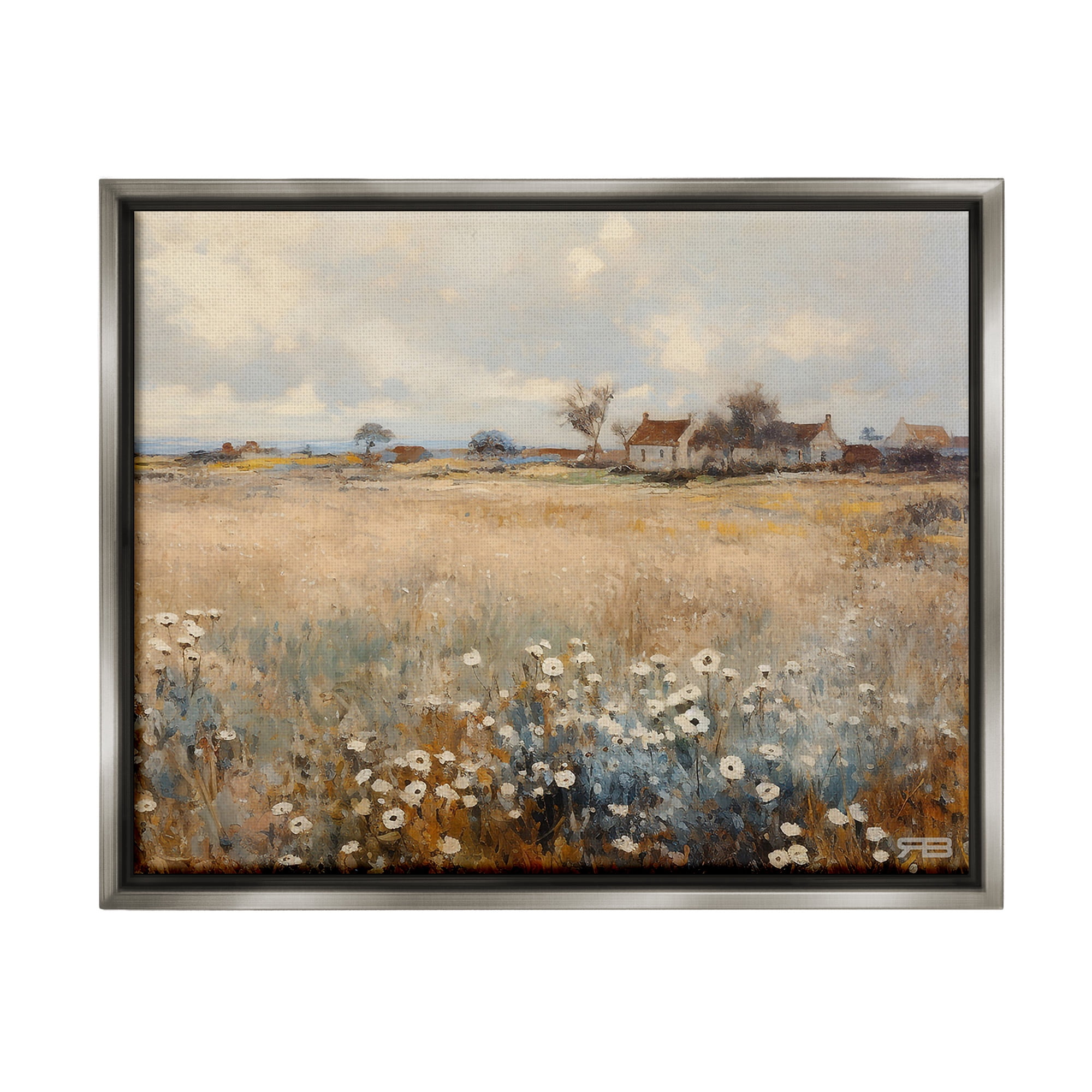 Stupell Industries Cottage & Natural Meadow Landscape Painting Gray Floater Framed Canvas Art Print Wall Art, 31 x 25
