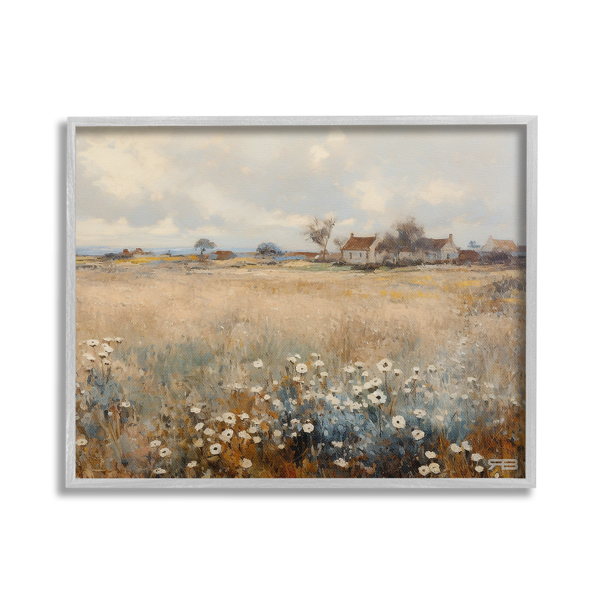 Stupell Industries Cottage & Natural Meadow Landscape Painting Gray Framed Art Print Wall Art, 20 x 16