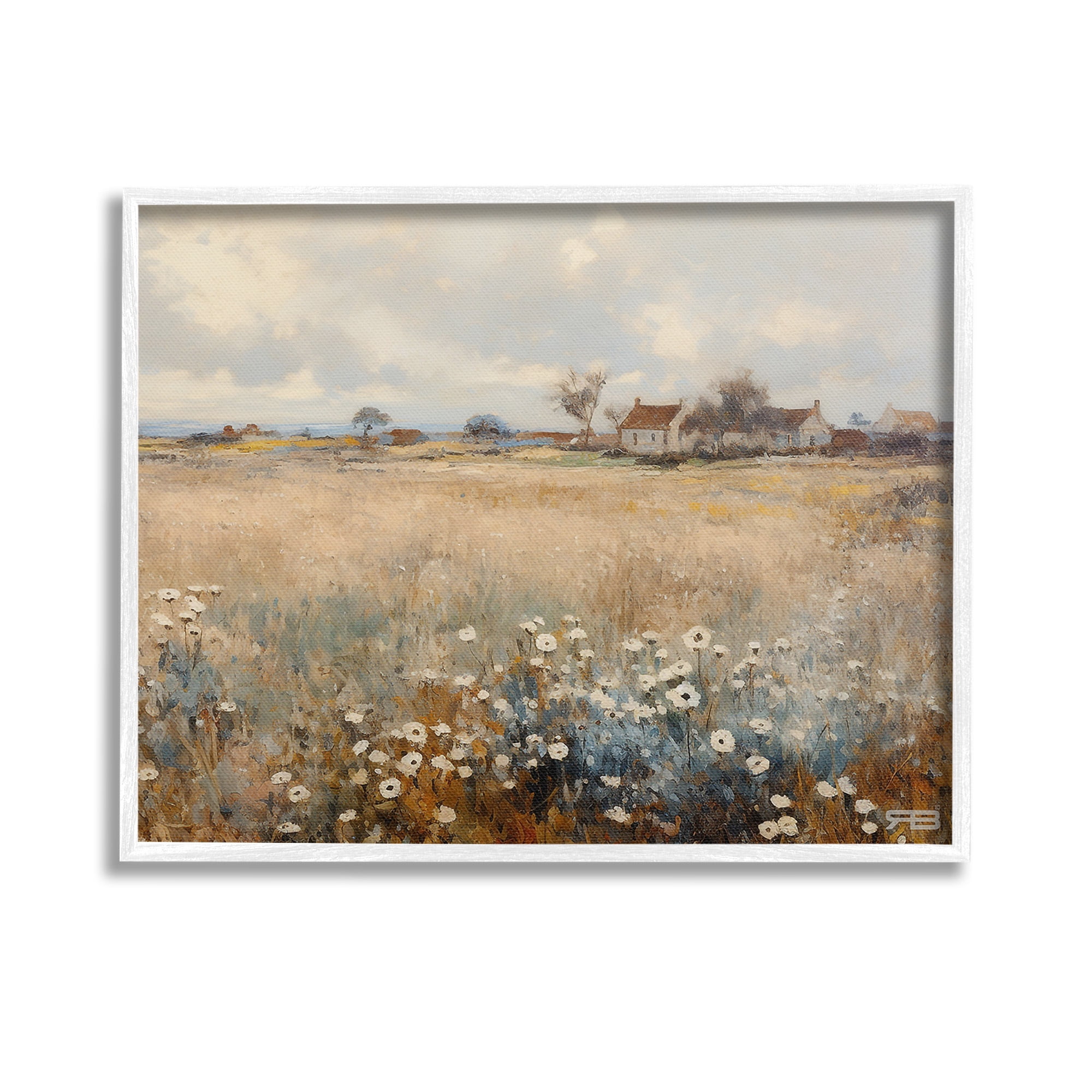 Stupell Industries Cottage & Natural Meadow Landscape Painting White Framed Art Print Wall Art, 14 x 11