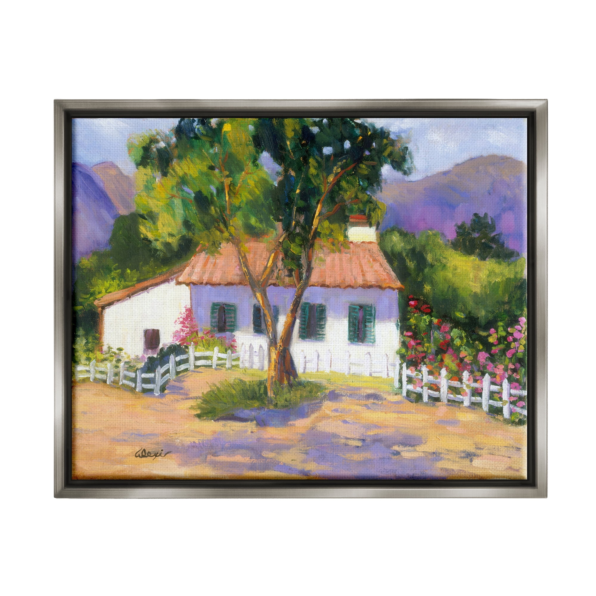 Stupell Industries Cottage Nature Painting Landscape Painting Gray Floater Framed Canvas Art Print Wall Art, 21 x 17