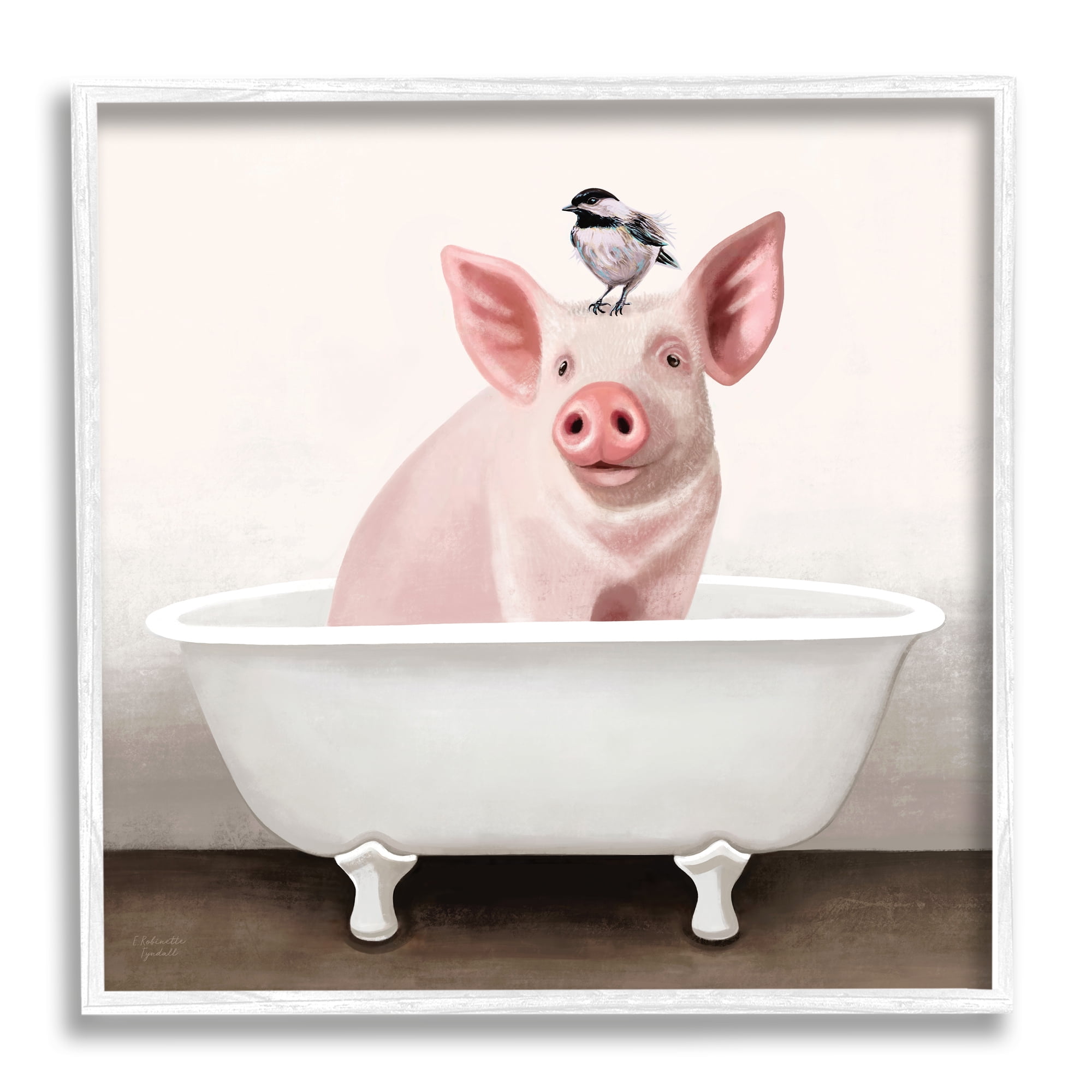 Stupell Industries Cottage Pink Pig with Sparrow Perched in Tub Country Painting White Framed Art Print Wall Art, 24 x 24, Design by Elizabeth Tyndall