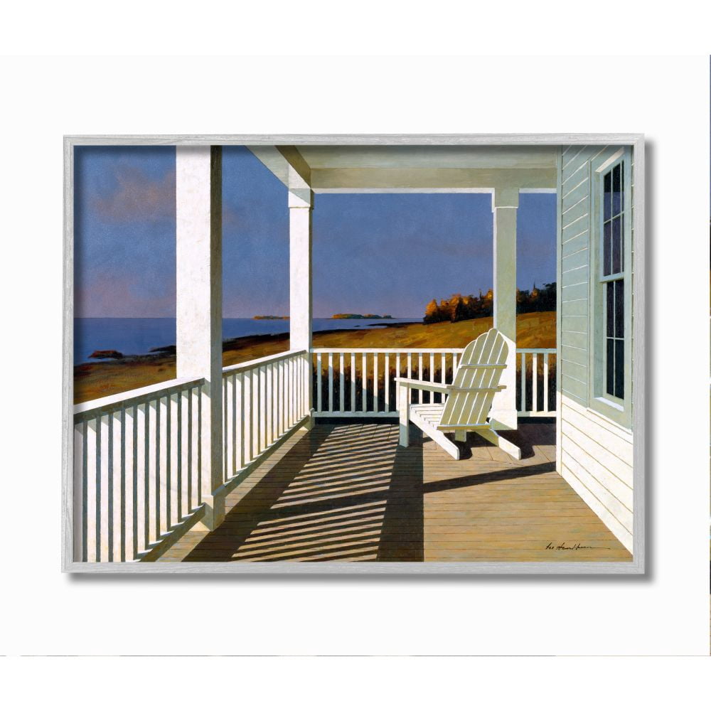 Stupell Industries Cottage Porch Scene at Sunset Coastal Landscape Painting Framed Wall Art Design by Zhen-Huan Lu, 16" x 20", Gray Framed