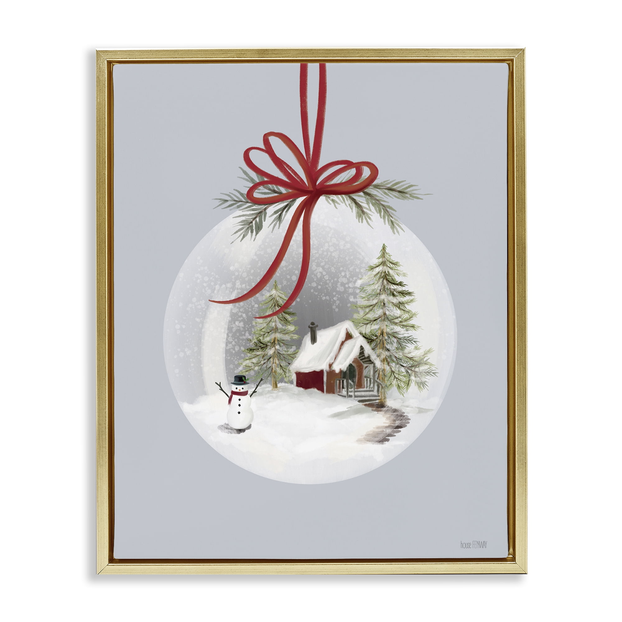 Stupell Industries Cottage Scene Snowglobe Holiday Painting Gold Floater Framed Art Print Wall Art, 17 x 21