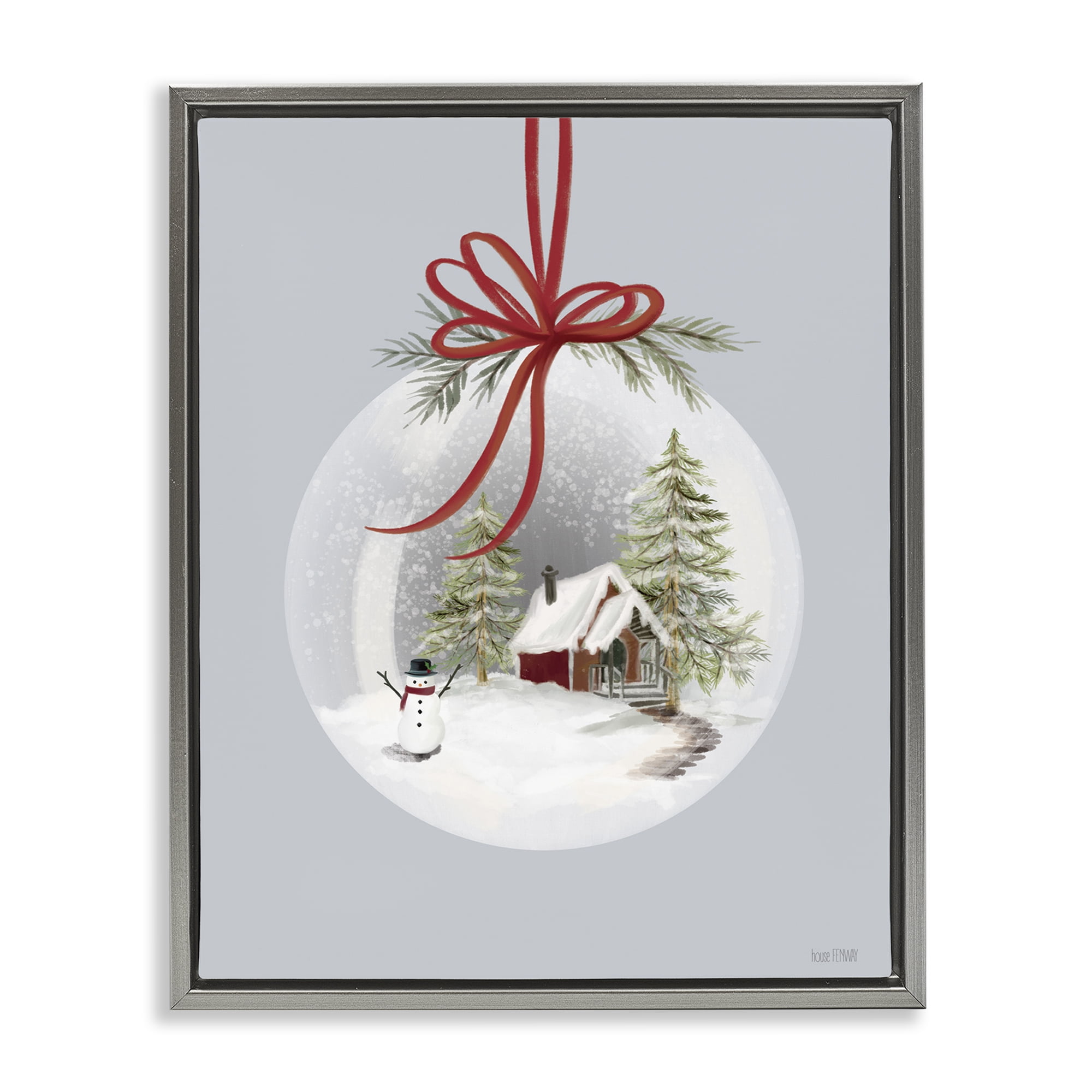Stupell Industries Cottage Scene Snowglobe Holiday Painting Gray Floater Framed Art Print Wall Art, 25 x 31