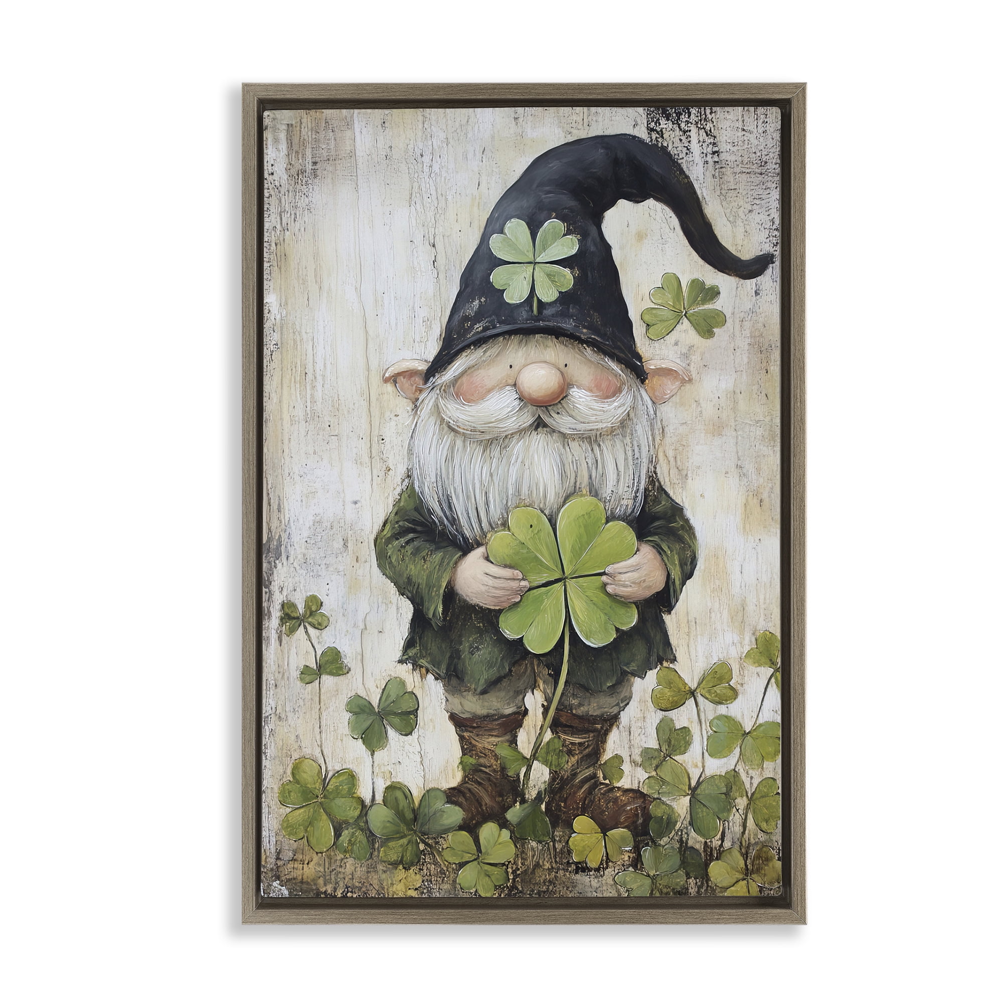 Stupell Industries Cottage Shamrock Gnome Brown Framed Floater Canvas Wall Art, design by Tina LeCour