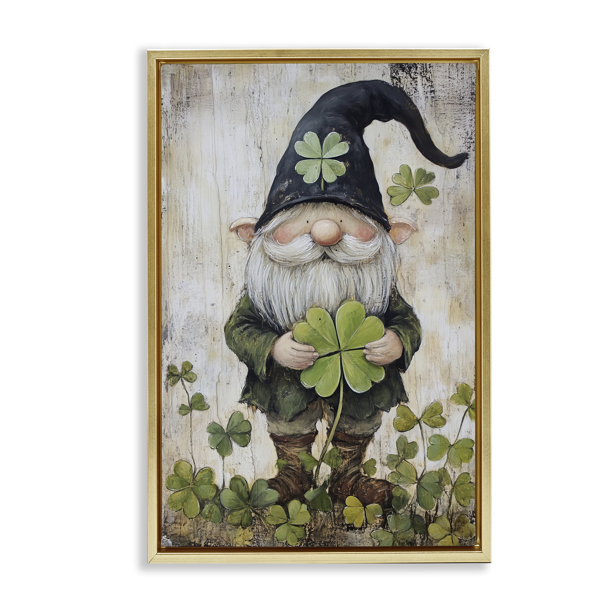 Stupell Industries Cottage Shamrock Gnome Gold Framed Floater Canvas Wall Art, design by Tina LeCour