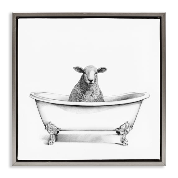 Stupell Industries Cottage Sheep in Bathtub Sketch Gray Floating Frame Canvas Art, 18 x 18, by Victoria Borges