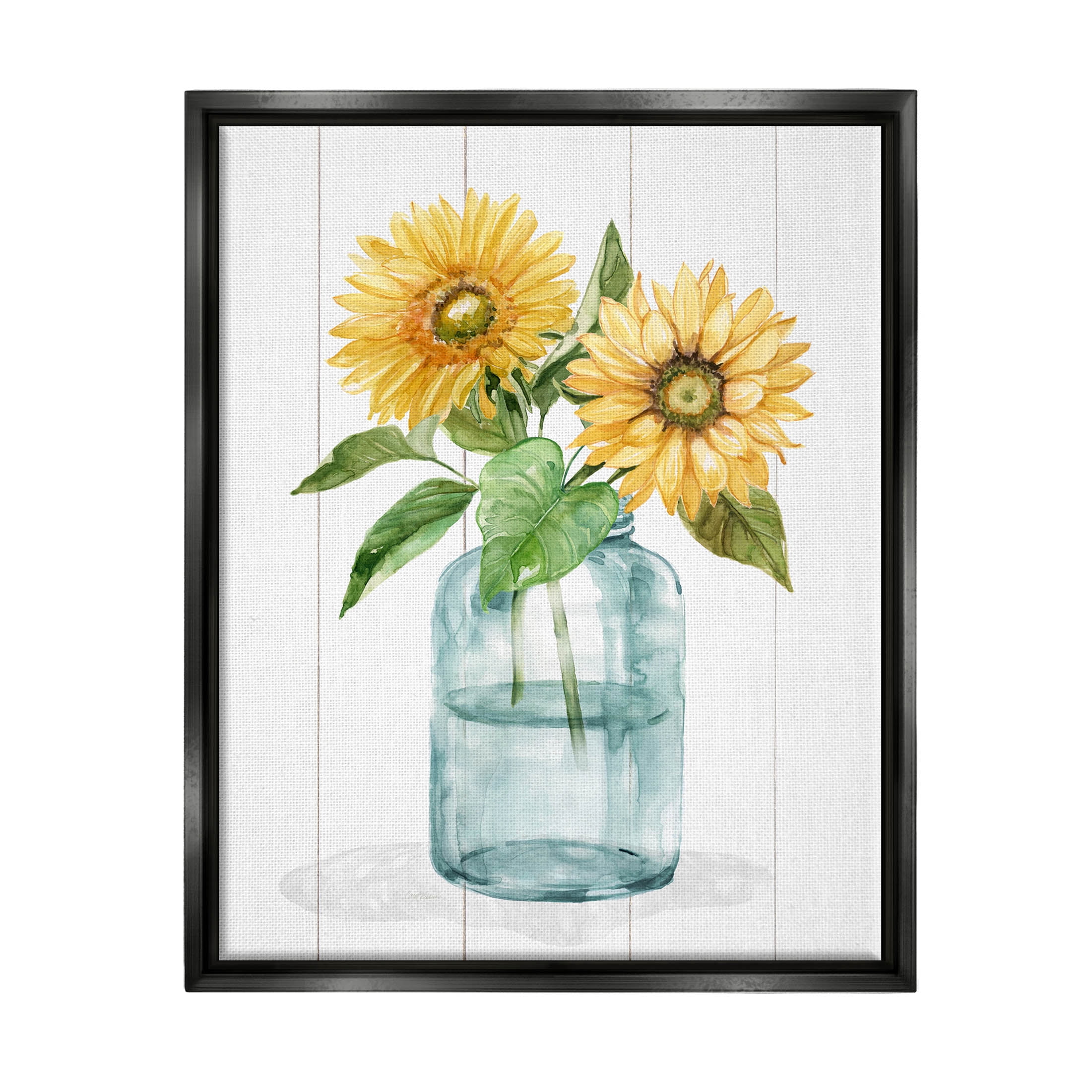 Stupell Industries Cottage Sunflower Blossom Vase Graphic Art Jet Black Floating Framed Canvas Print Wall Art, Design by Livi Finn