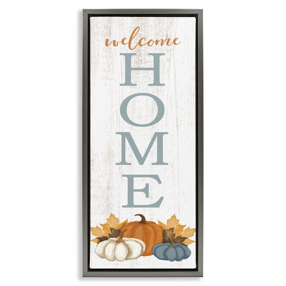 Stupell Industries Cottage Welcome Pumpkins & Maple Leaves Gray Floating Frame Canvas Art, 14 x 31, by Dogwood Portfolio