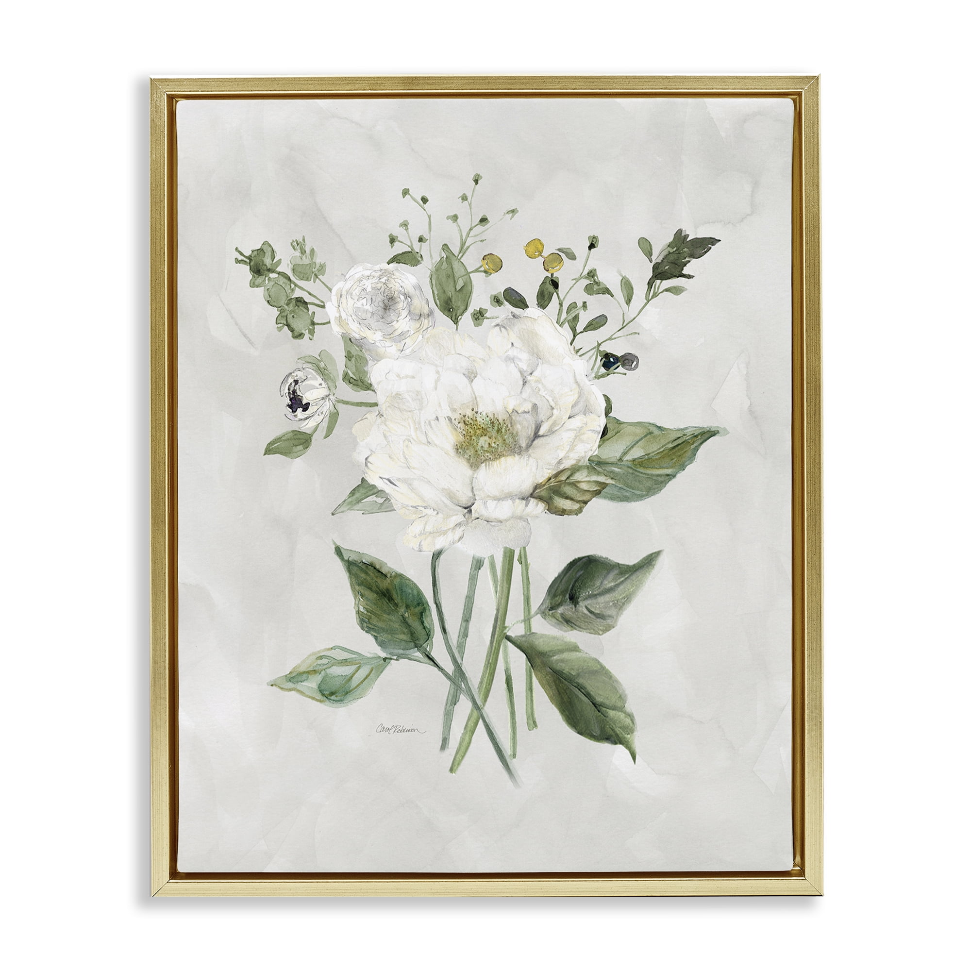 Stupell Industries Cottage White Flowers Plants & Flowers Painting Gold Floater Framed Canvas Art Print Wall Art, 17 x 21