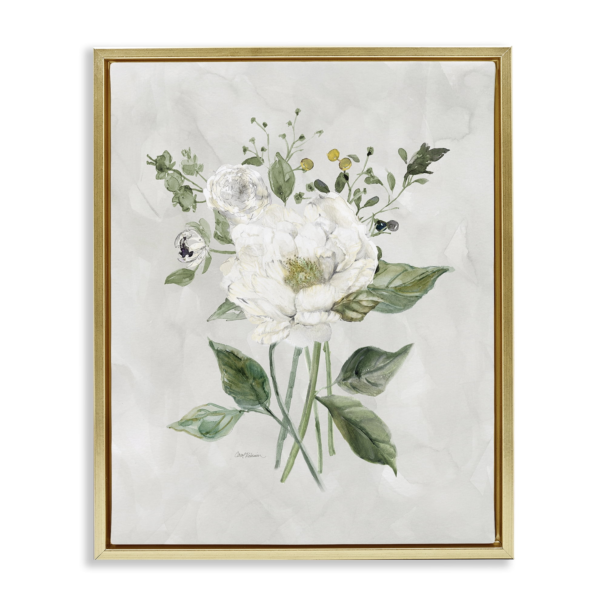 Stupell Industries Cottage White Flowers Plants & Flowers Painting Gold Floater Framed Canvas Art Print Wall Art, 25 x 31