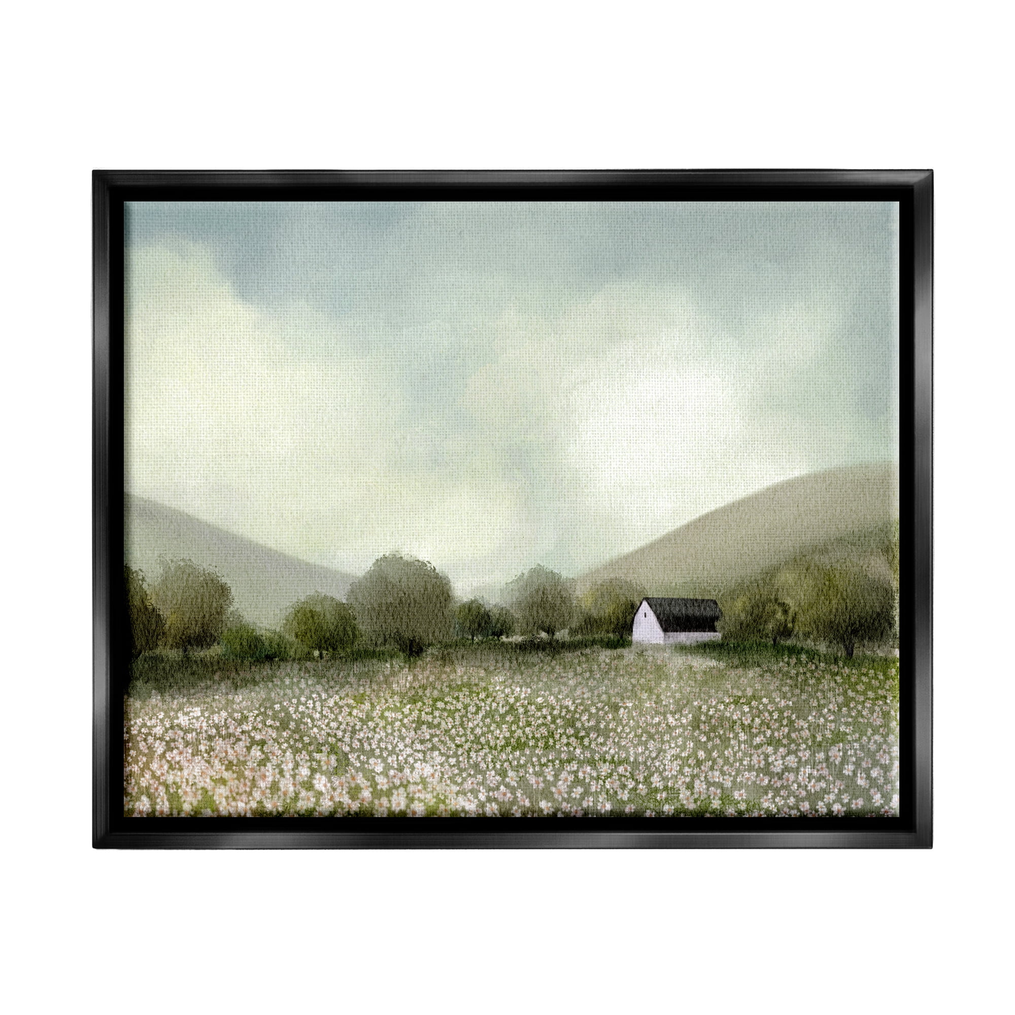 Stupell Industries Cottage in Meadow Landscape Painting Black Floater Framed Canvas Art Print Wall Art, 31 x 25
