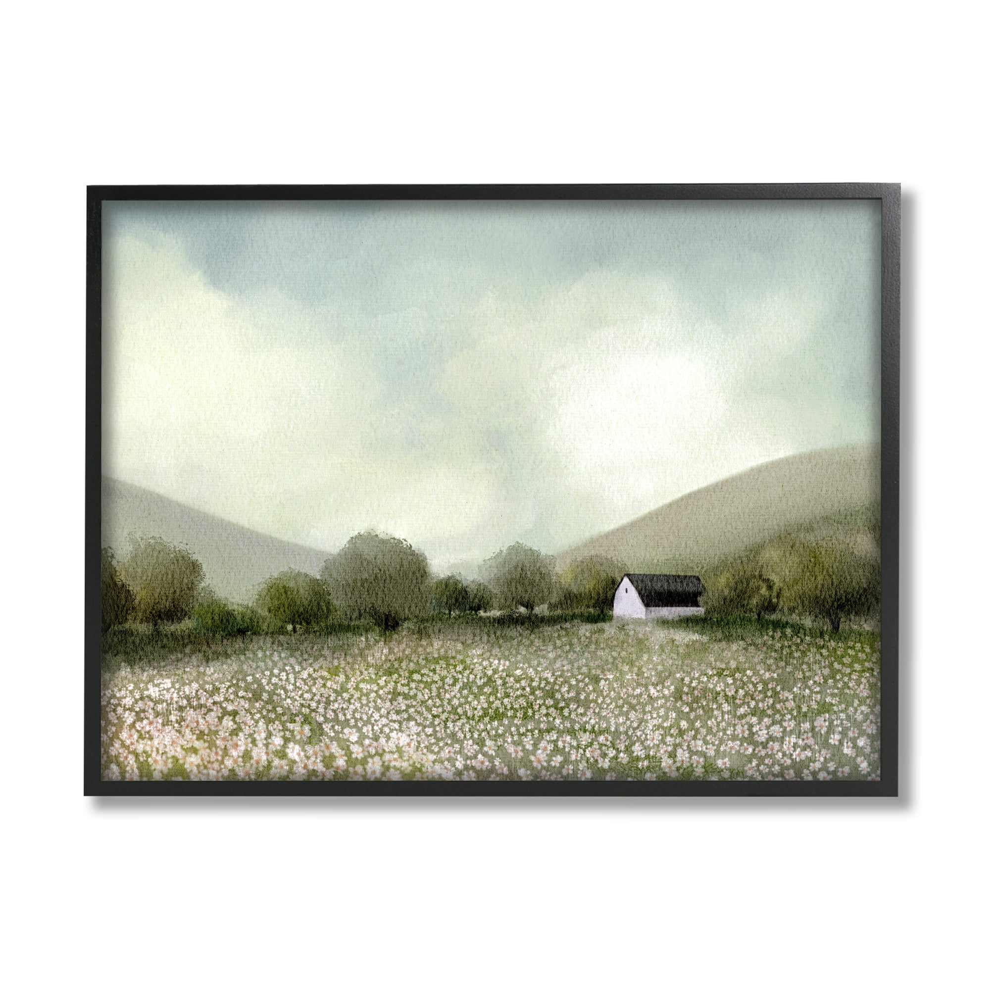 Stupell Industries Cottage in Meadow Landscape Painting Black Framed Art Print Wall Art, 20 x 16