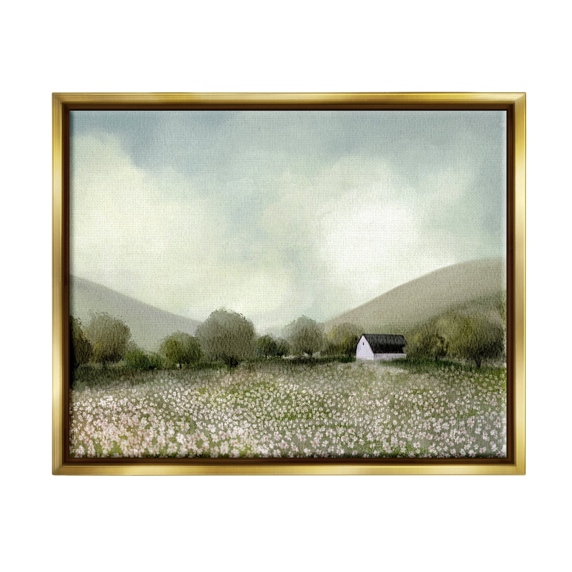 Stupell Industries Cottage in Meadow Landscape Painting Gold Floater Framed Canvas Art Print Wall Art, 31 x 25