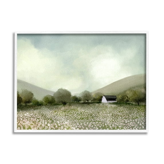 Stupell Industries Cottage in Meadow Landscape Painting White Framed Art Print Wall Art, 30 x 24