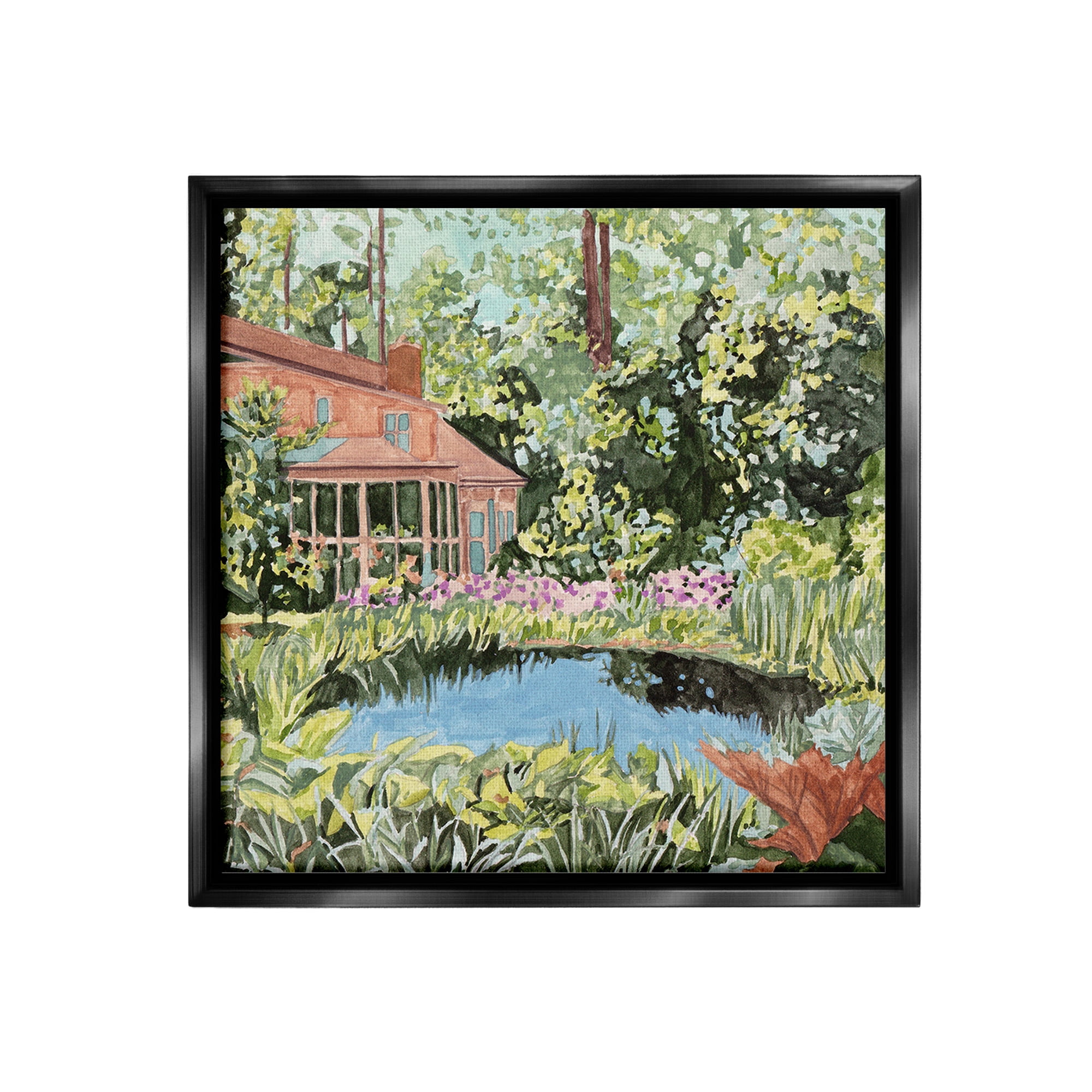 Stupell Industries Cottage with Backyard Pond Landscape Painting Black Floater Framed Canvas Art Print Wall Art, 18 x 18