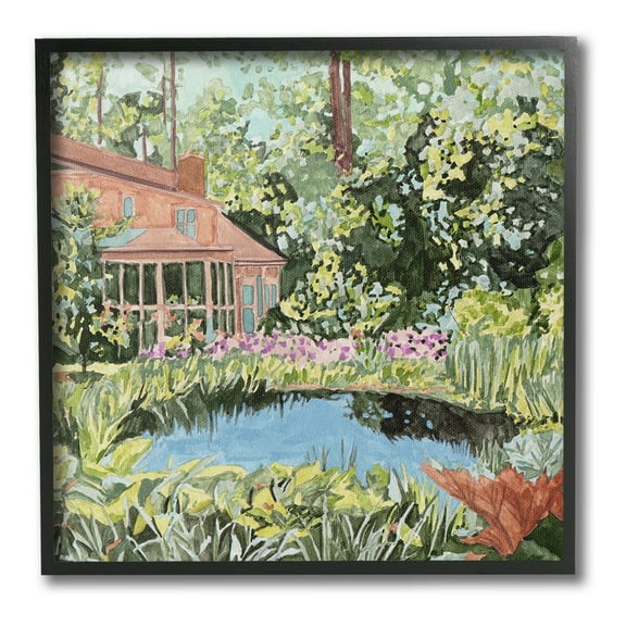 Stupell Industries Cottage with Backyard Pond Landscape Painting Black Framed Art Print Wall Art, 12 x 12