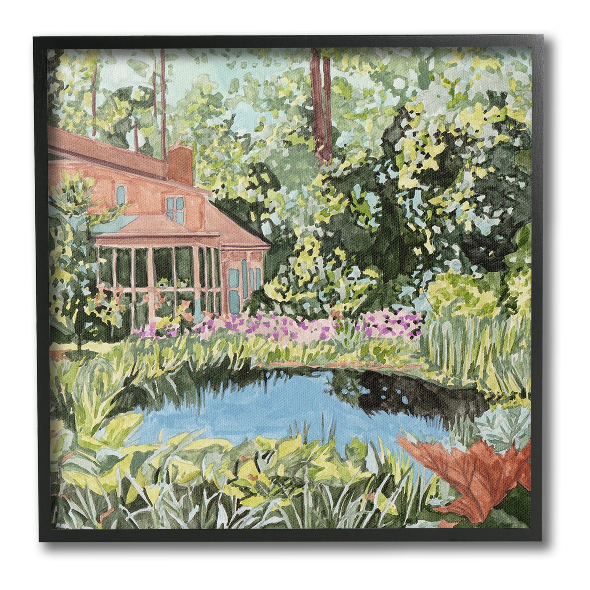 Stupell Industries Cottage with Backyard Pond Landscape Painting Black Framed Art Print Wall Art, 17 x 17