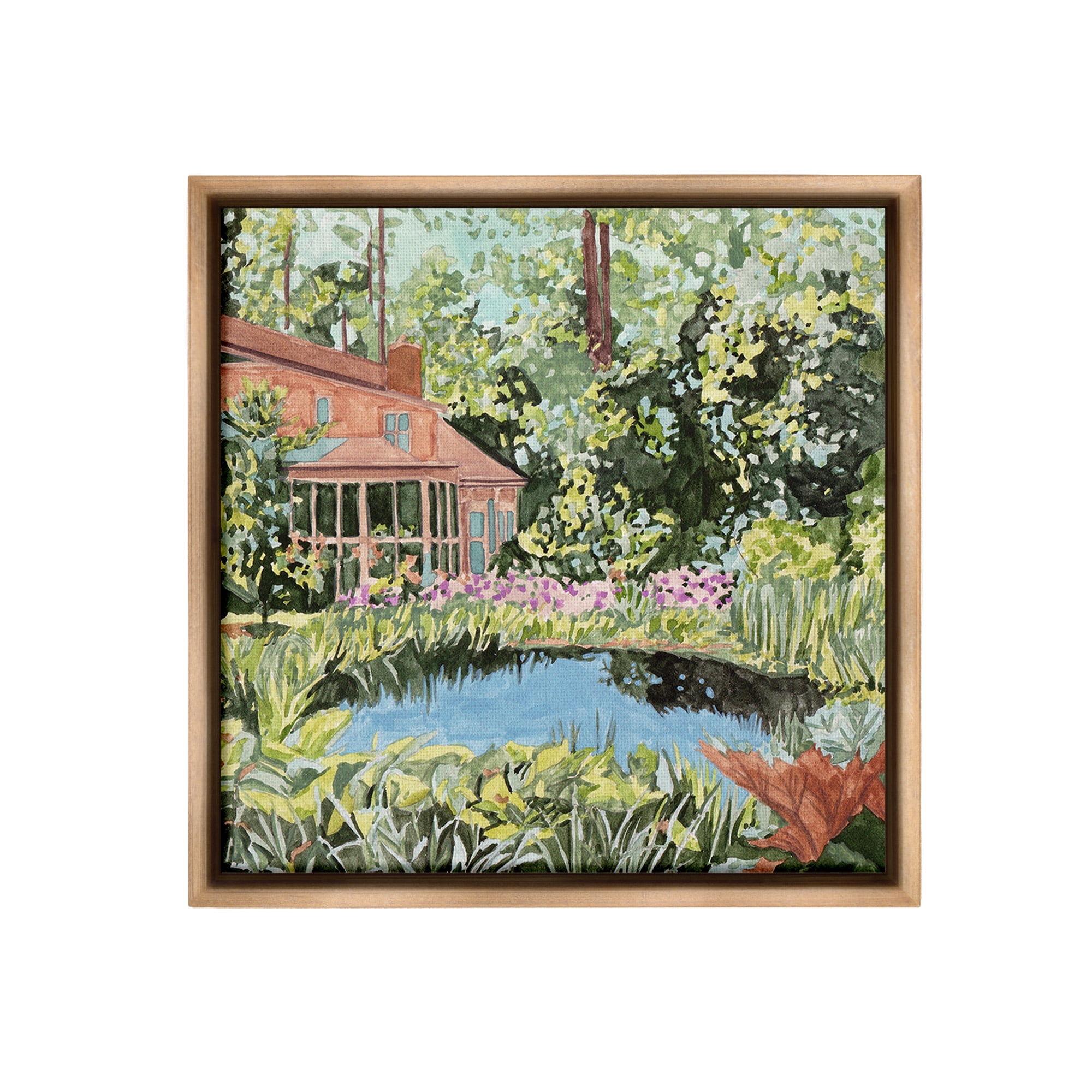 Stupell Industries Cottage with Backyard Pond Landscape Painting Brown Floater Framed Canvas Art Print Wall Art, 25 x 25