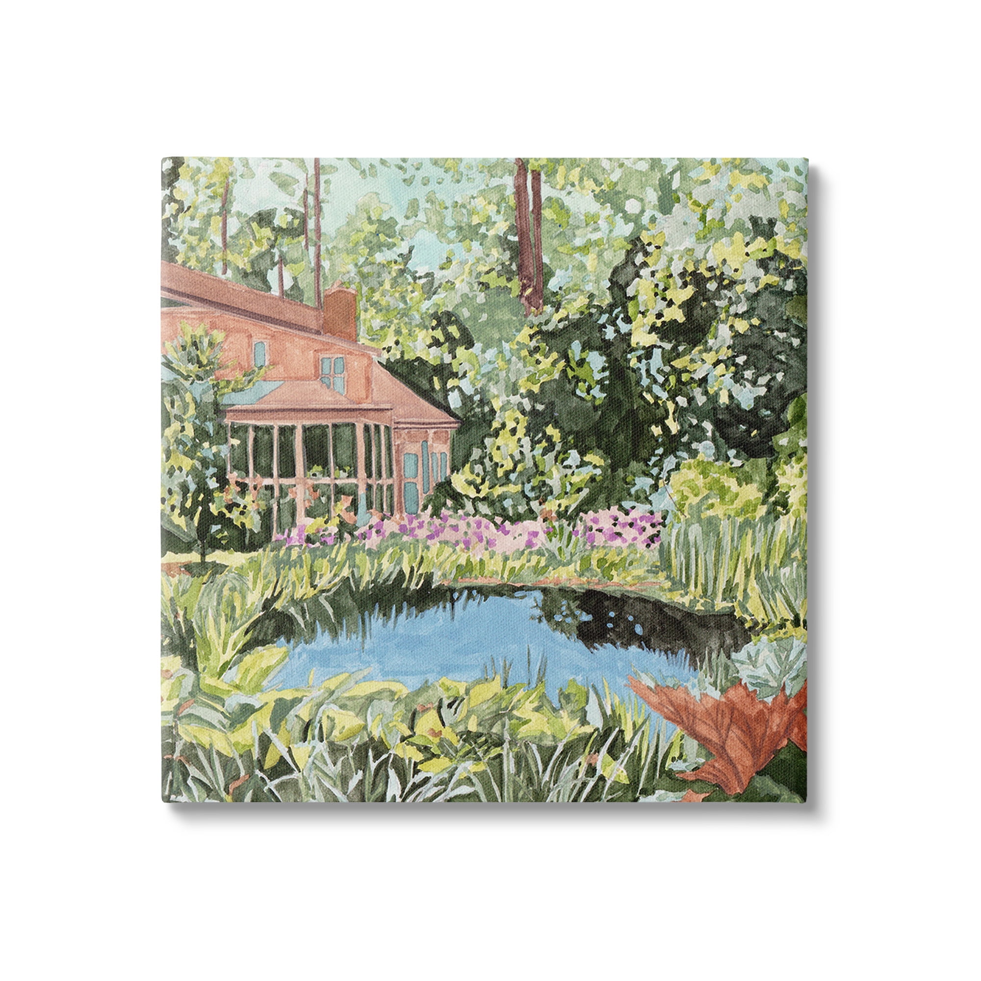 Stupell Industries Cottage with Backyard Pond Landscape Painting Gallery Wrapped Canvas Art Print Wall Art, 24 x 24