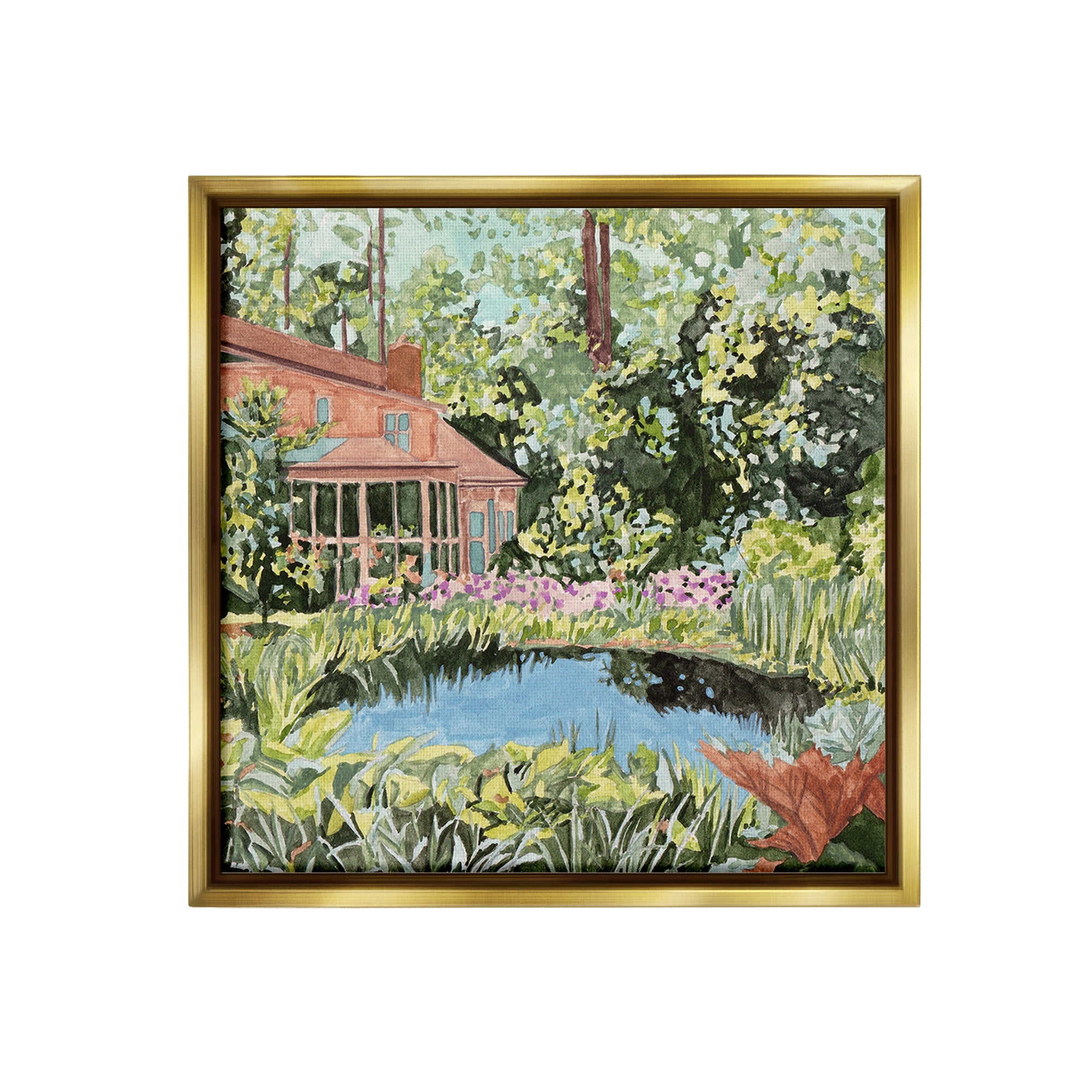 Stupell Industries Cottage with Backyard Pond Landscape Painting Gold Floater Framed Canvas Art Print Wall Art, 18 x 18
