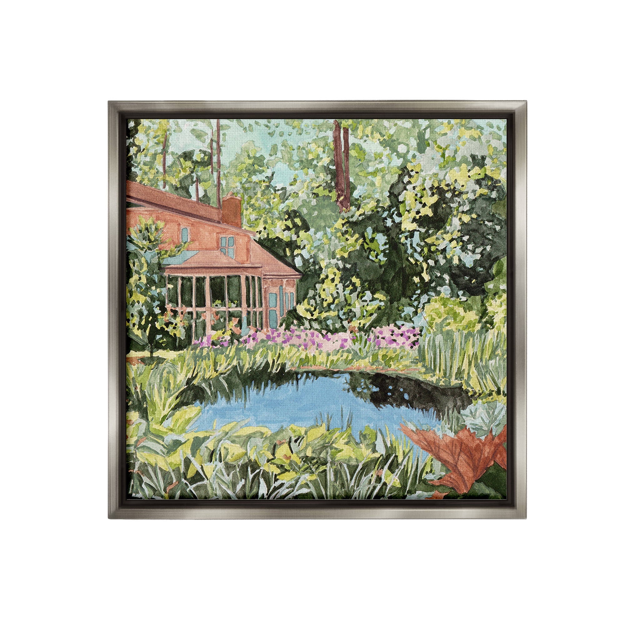 Stupell Industries Cottage with Backyard Pond Landscape Painting Gray Floater Framed Canvas Art Print Wall Art, 25 x 25
