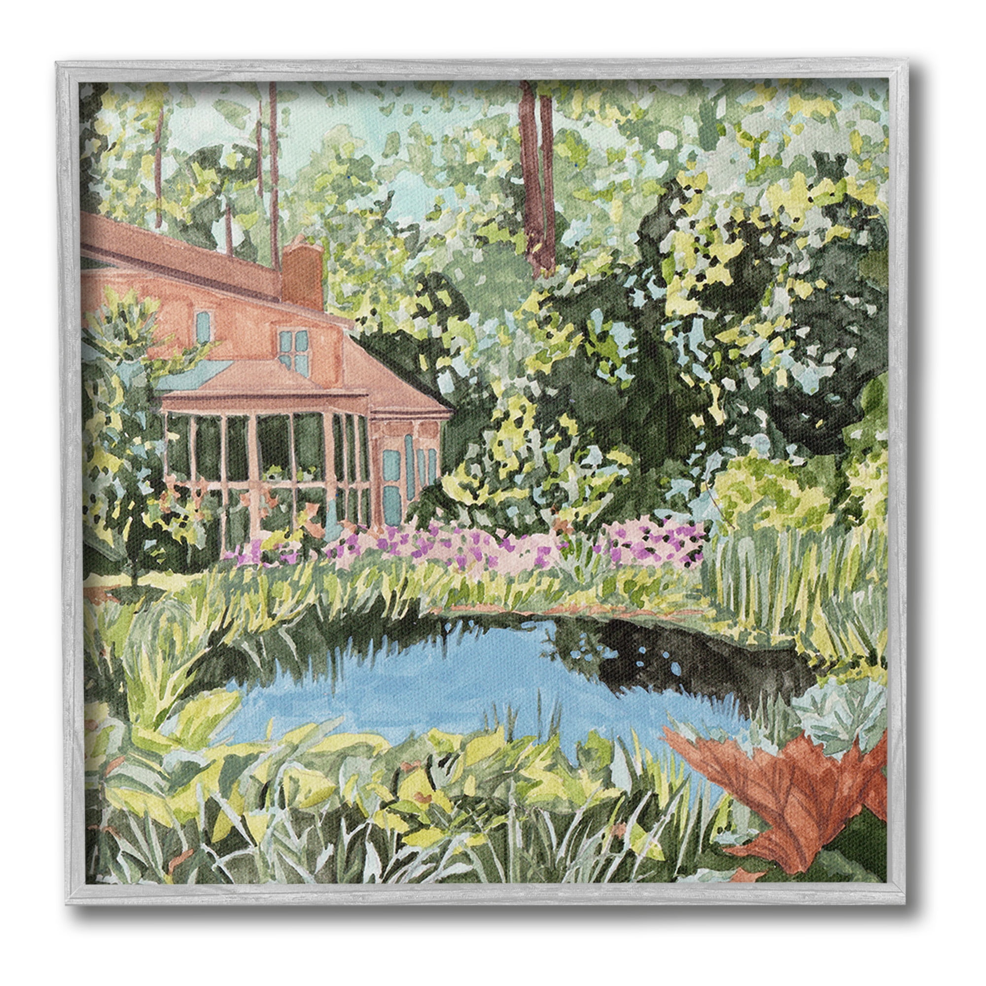 Stupell Industries Cottage with Backyard Pond Landscape Painting Gray Framed Art Print Wall Art, 17 x 17